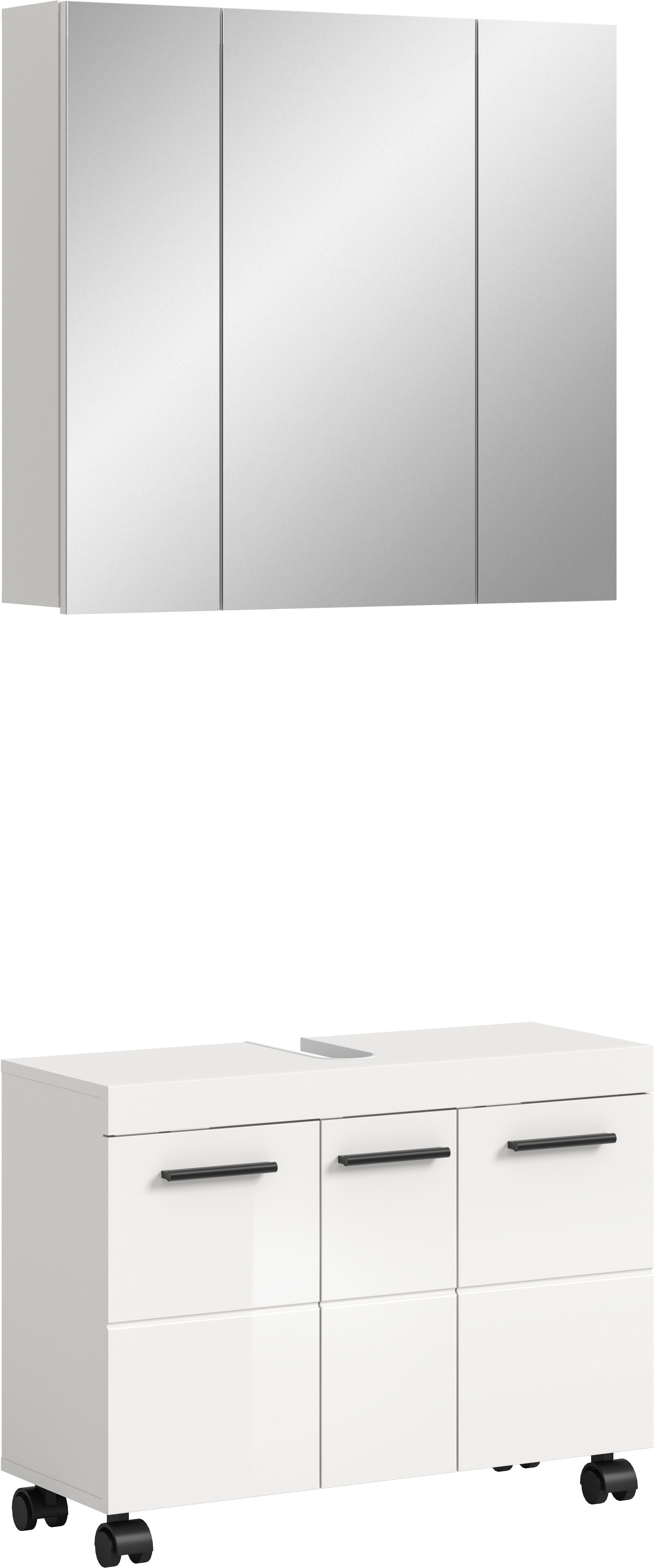 welltime Badmöbel-Set AVON, Breite 82 cm, 2-teilige moderne Badkombination, auf Rollen, (2-St., bestehend aus: Waschbeckenunterschrank & Spiegelschrank), Bad-Kombination, Bad-Möbel, Badezimmer, Kombination, Kombi, Bad-Set