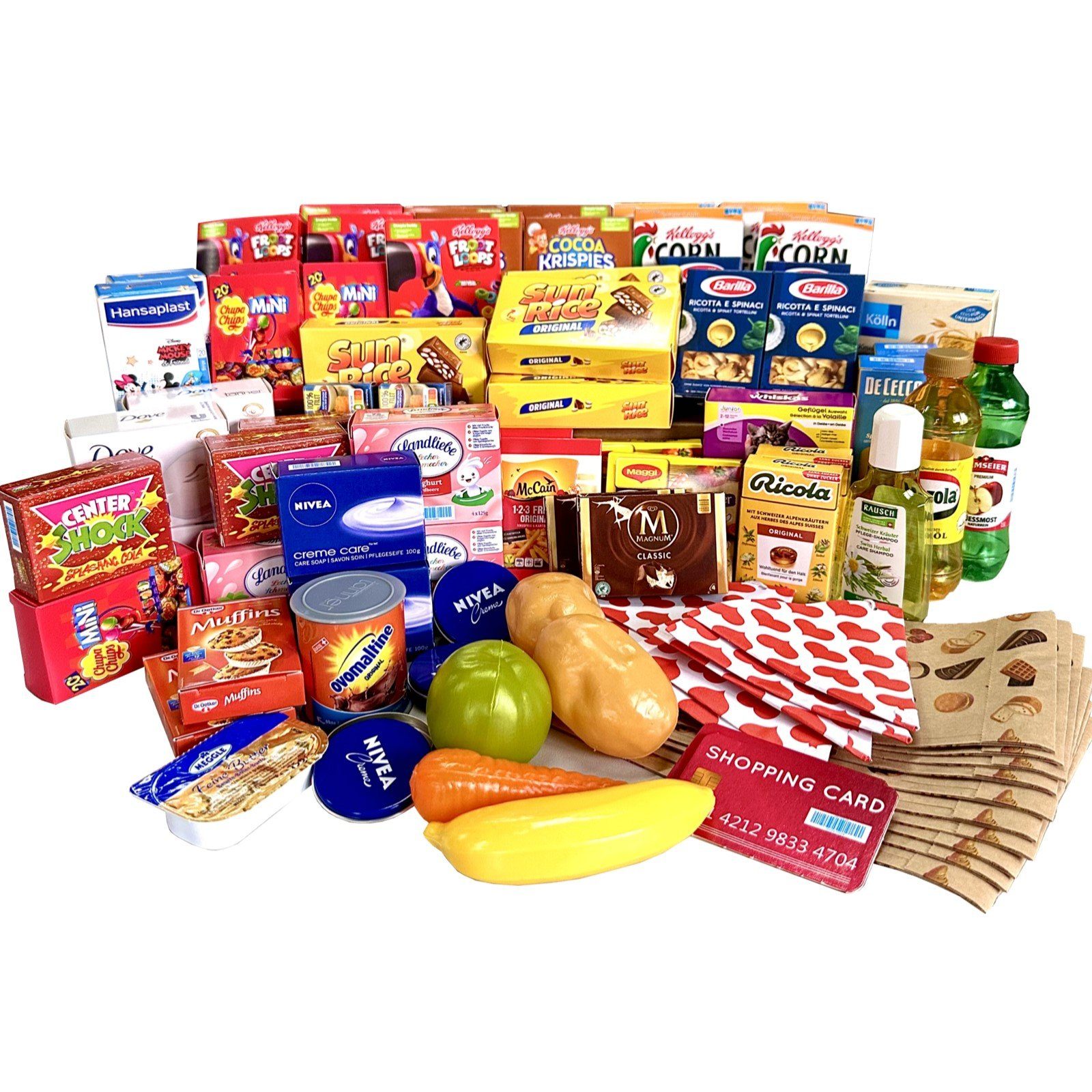 TikTakToo Kaufladensortiment Miniatur Faltschachteln für Kaufladen Zubehör, (Spielset, 95-tlg., Miniaturfaltschachteln), Lebensmittel, Flaschen, Dosen für Kaufmannsladen