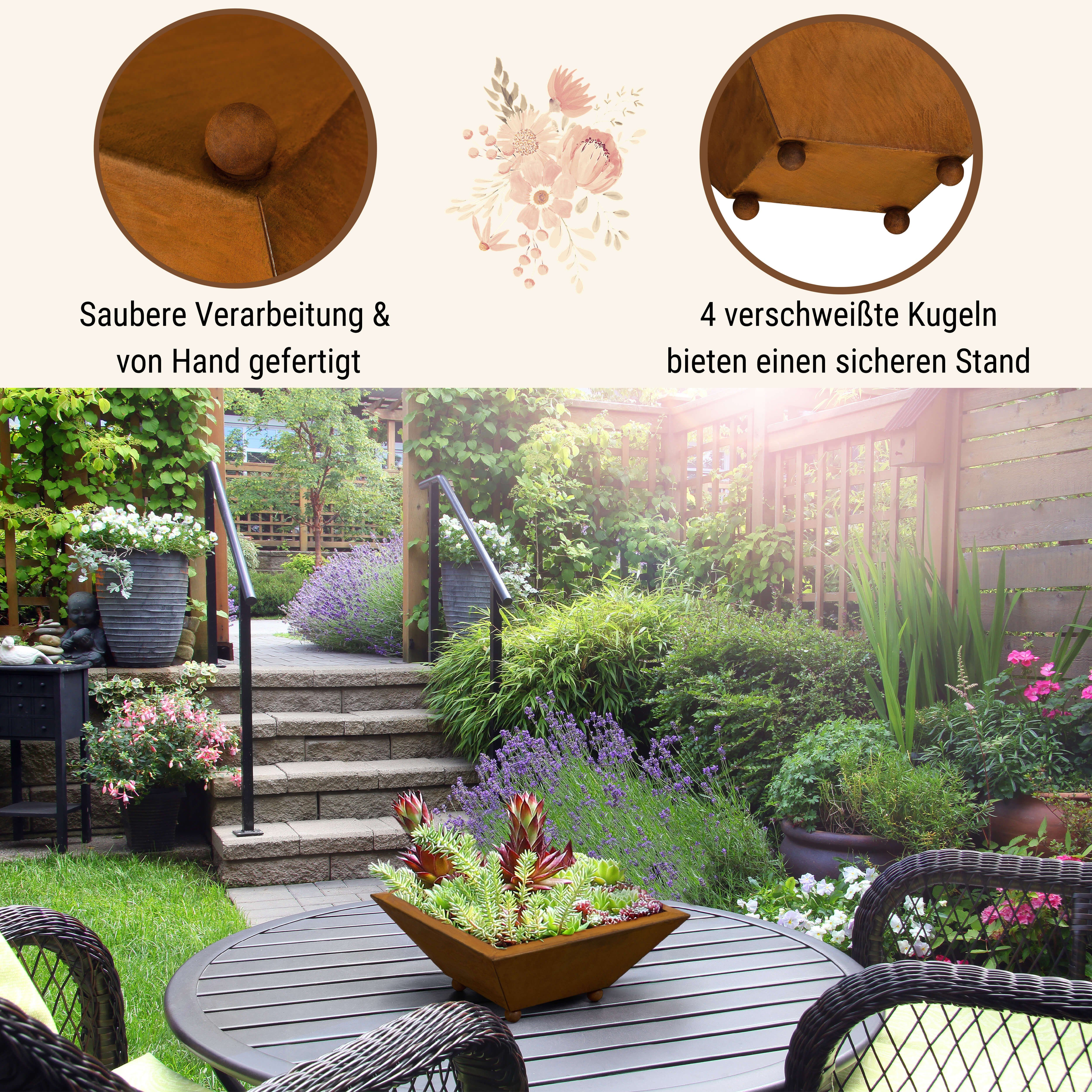 Rostikal Pflanzschale Deko Schale Blumenschale 35 x 35 cm, echter Rost – Bild 5 von 5