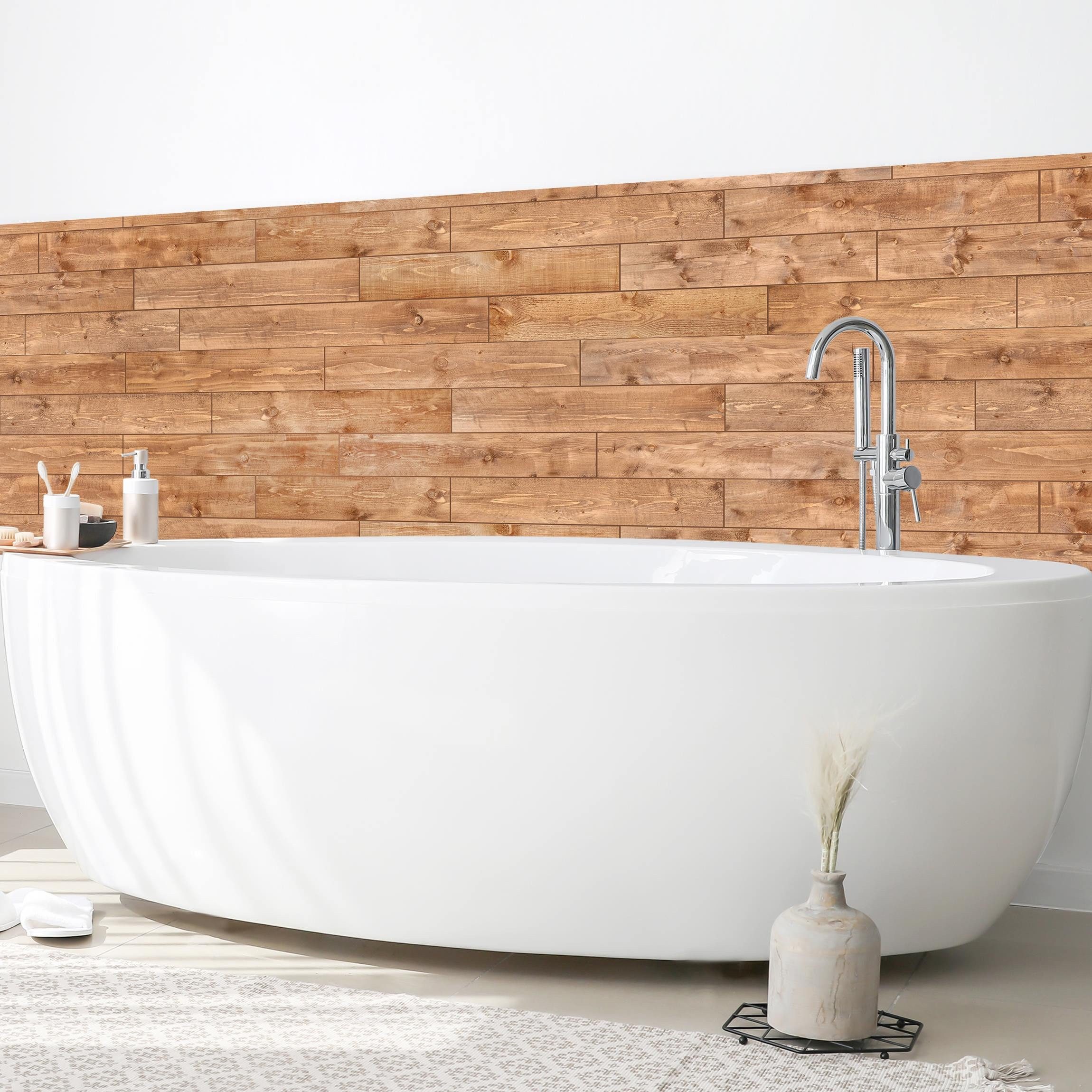 Bilderdepot24 Badrückwand braun fugenlose Wandverkleidung Bad mit Motiv, (Hartfolie matt » Selbstklebend SMART 0,35 mm), wasserfestes Wandpaneel Holzparkett