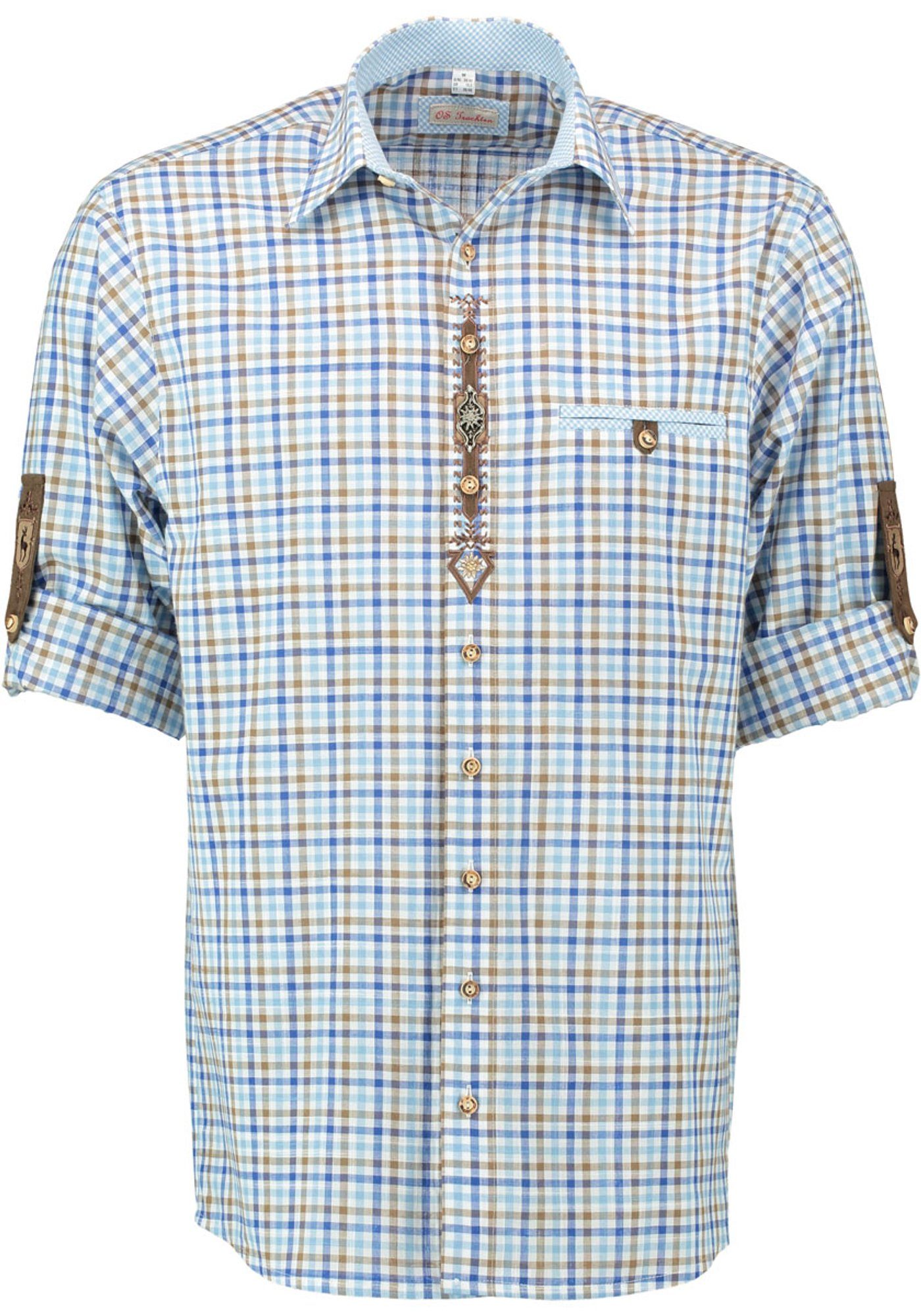 Knopf Herren Trachtenhemd Langarmhemd mit mit Ployos Paspeltasche hellbraun OS-Trachten