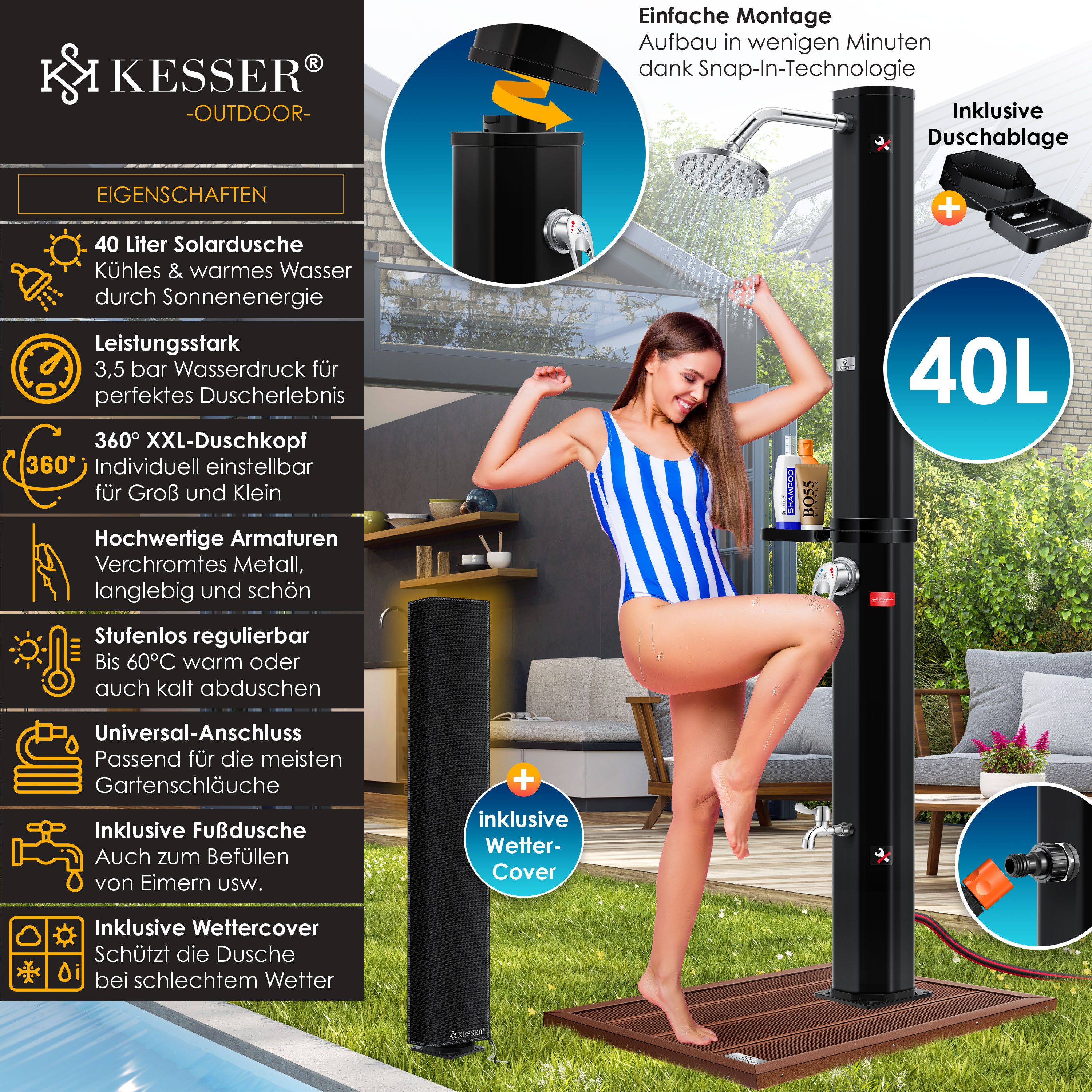 KESSER Solardusche, Solardusche 40- 60 Liter Solar Gartendusche warmes Wasser