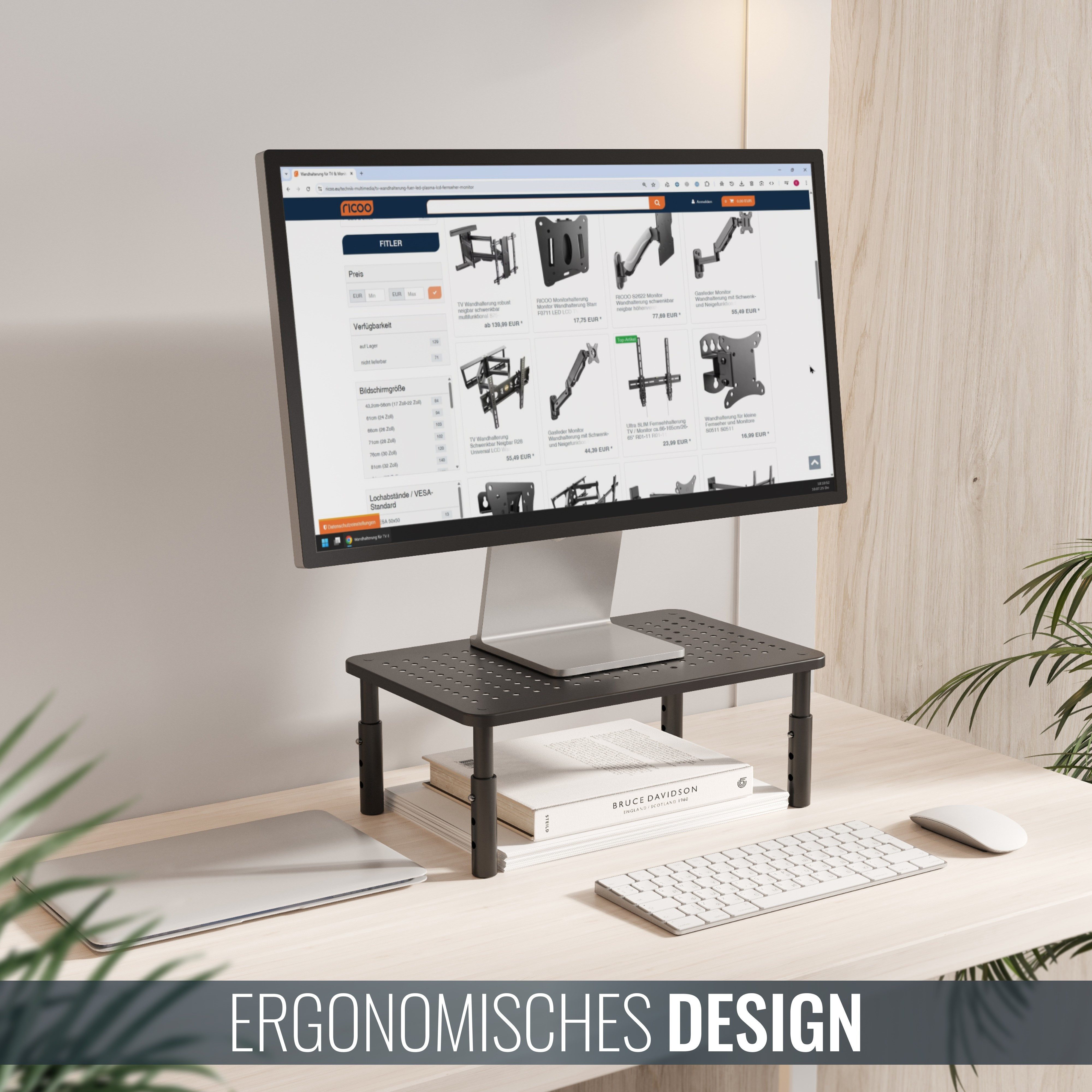 RICOO Schreibtischaufsatz Monitor Tischaufsatz Erhöhung FS081-B schwarz, (Aufstellfläche 37cm breit, 23,5cm tief, belastbar bis 20Kg, 1-St., höhenverstellbar bis 140mm über Tischoberfläche), Monitorständer Schreibtisch Monitorerhöhung Bildschirm Tisch Aufsatz