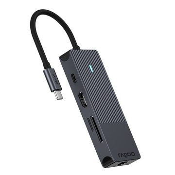 Rapoo UCM-2004 USB-C Multiport Adapter, 8in1, Grau USB-Adapter USB-C zu HDMI, MicroSD-Card, RJ-45 (Ethernet), SD-Card, USB 3.0 Typ A, 18 cm