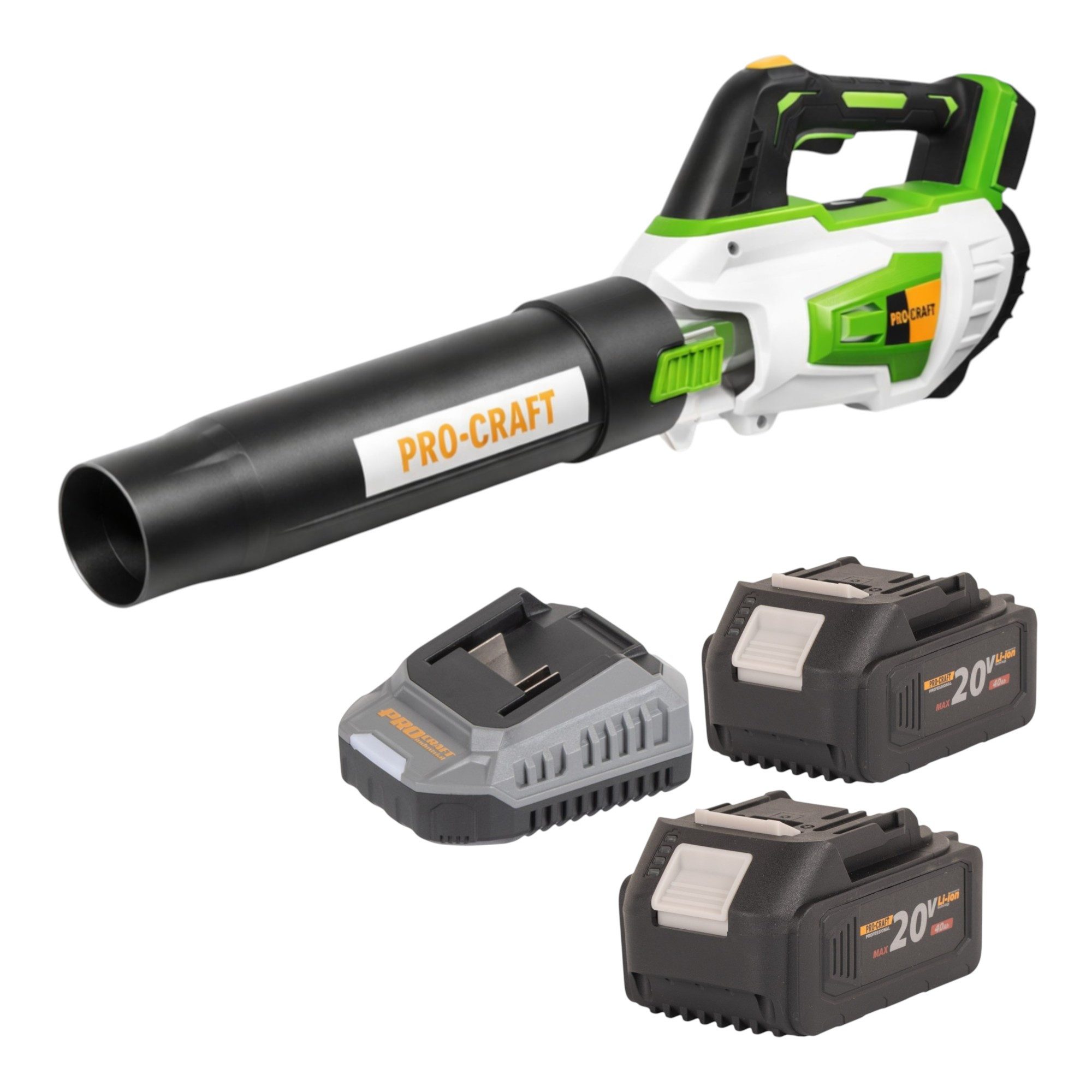 PRO CRAFT Akku-Laubbläser PB20 Akku Laubbläser 20 V TURBO + 2x Akku 4,0 Ah + Ladegerät
