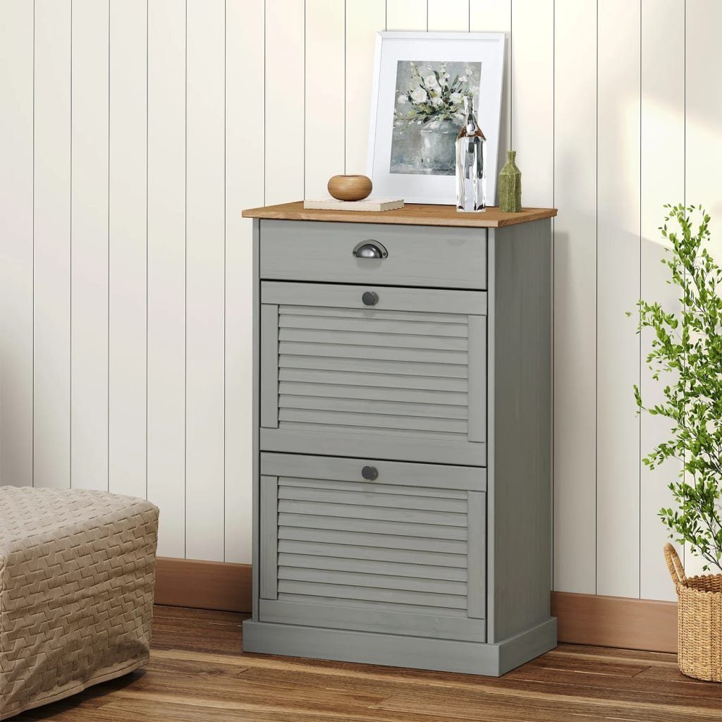 furnicato Schuhschrank VIGO 60x35x96 cm Grau Massivholz Kiefer (1-St) Stabiles Schuhregal mit Jalousie-Design und Metallgriffen im Flur