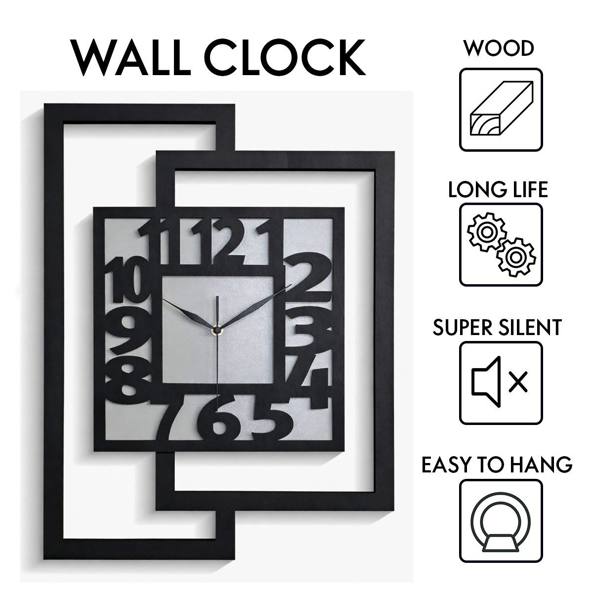ORNAMENTI Wanduhr Große handgefertigte,moderne aus Holz, Hingucker,44 x 56 cm (Rechteckig vertikal, ohne Tickgeräusche für Wohnzimmer lesbare Ziffern)