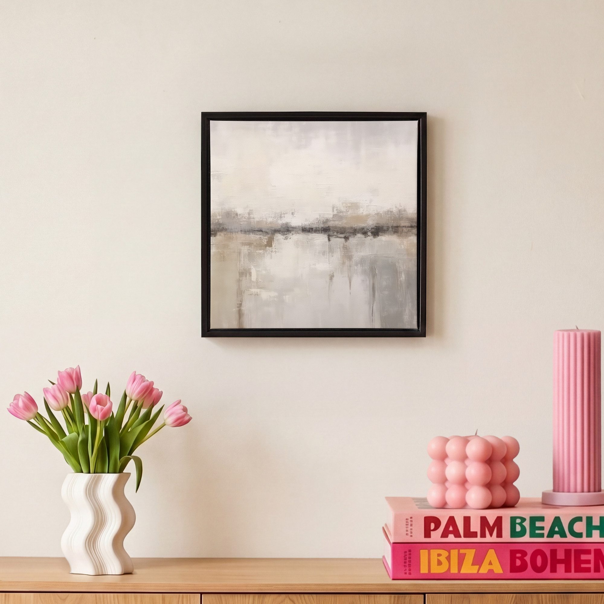 OneMillionCanvasses® Leinwandbild mit Rahmen - Moderne Kunst - Abstrakt - Beige, Fotodruck (1 St), Leinwand Bilder Klein, Wand Dekoration Aesthetic 20x20cm – Bild 4 von 5