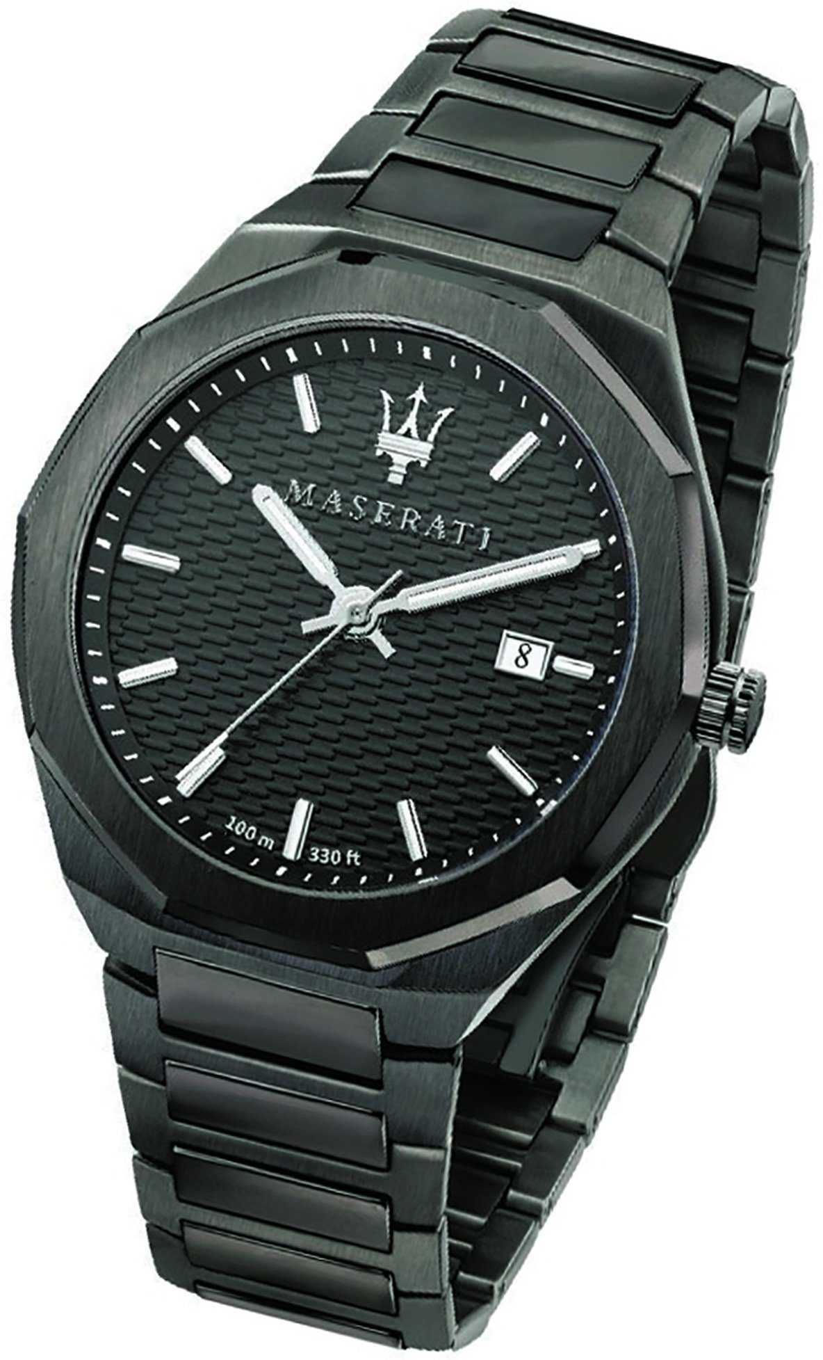 MASERATI Quarzuhr Maserati Edelstahl Armband-Uhr, Herrenuhr Edelstahlarmband, rundes Gehäuse, groß (ca. 45mm) schwarz