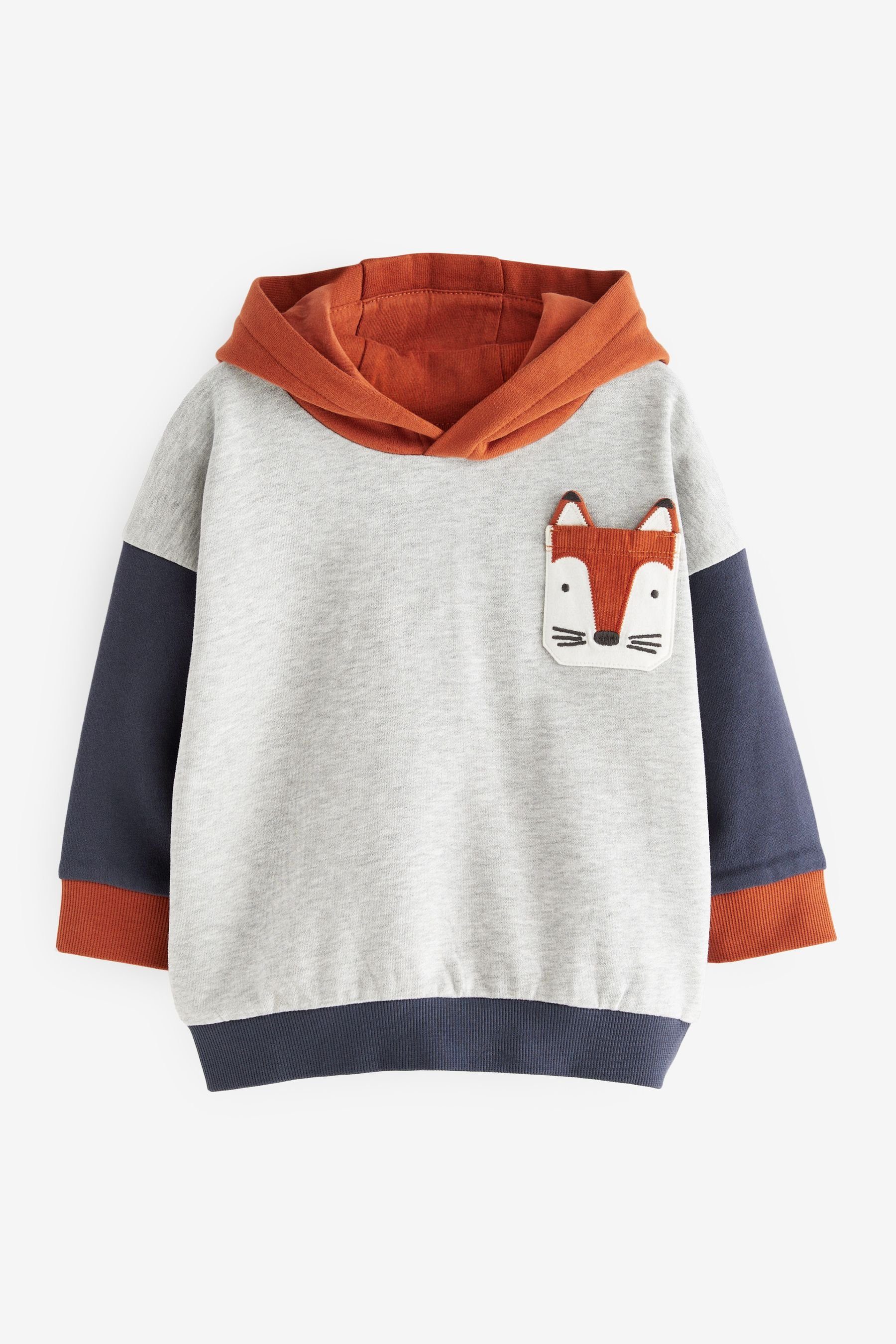 mit Orange Next und Motiv Farbblockdesign Grey (1-tlg) Fox Hoodie Kapuzensweatshirt Blue