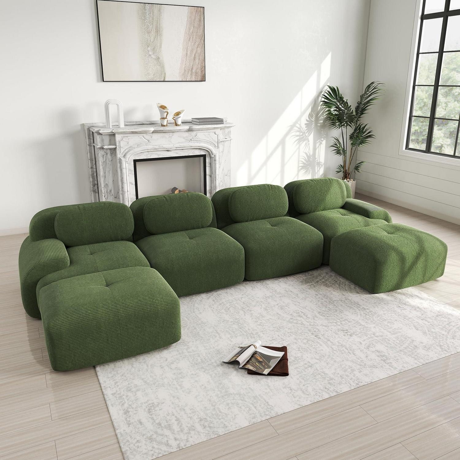 LuxusKollektion Wohnlandschaft Sofa U Form Cord Stoff Wohnzimmer Wohnung Grün J-(4 Sitzer +2 Hocker)