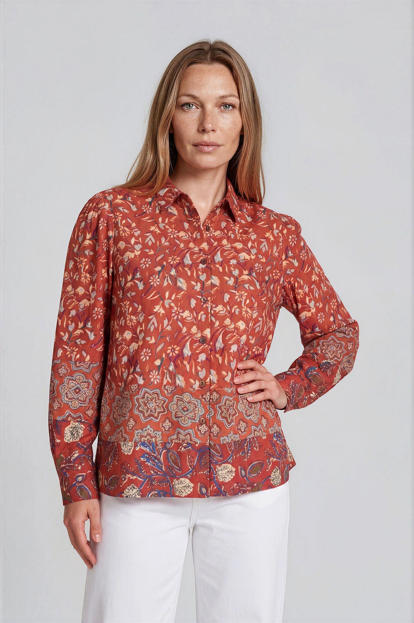 Himalaya Clothing Langarmbluse Damen Bluse Viskose floral Bordürenprint Regular Fit Langarm casual Klassischer Hemdkragen mit durchgehender Knopfleiste und pflegeleicht