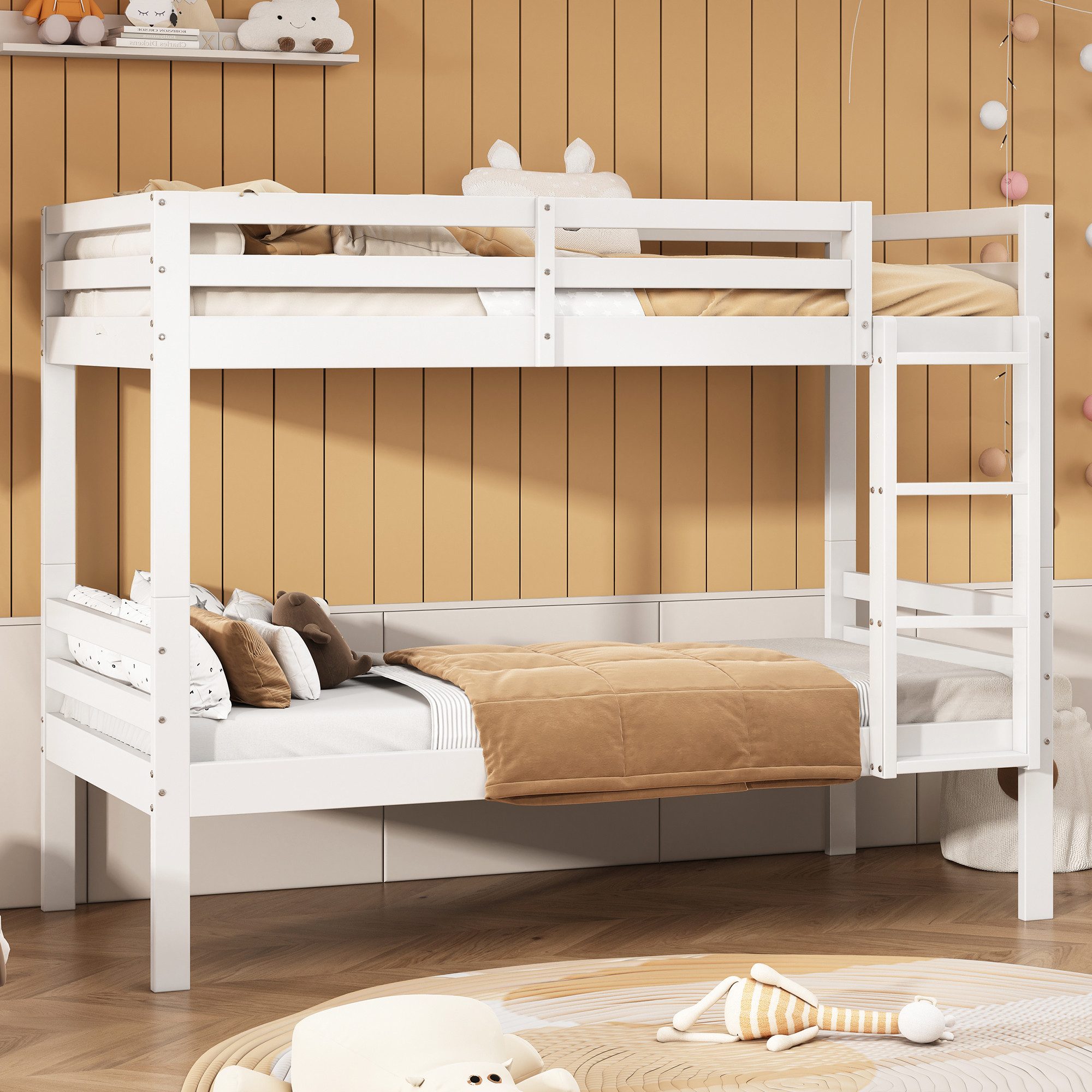 STILVORA Etagenbett 90X200 mit Gitter&Leiter,Jugendbett Kinderbett aufgeteilt in 2 Betten (mit dreistufiger Winkelleiter und Absturzsicherung, Bett aufgeteilt in 2 Einzelbetten, Jugendbett, Einzelbett 90x200cm), ohne Matratze