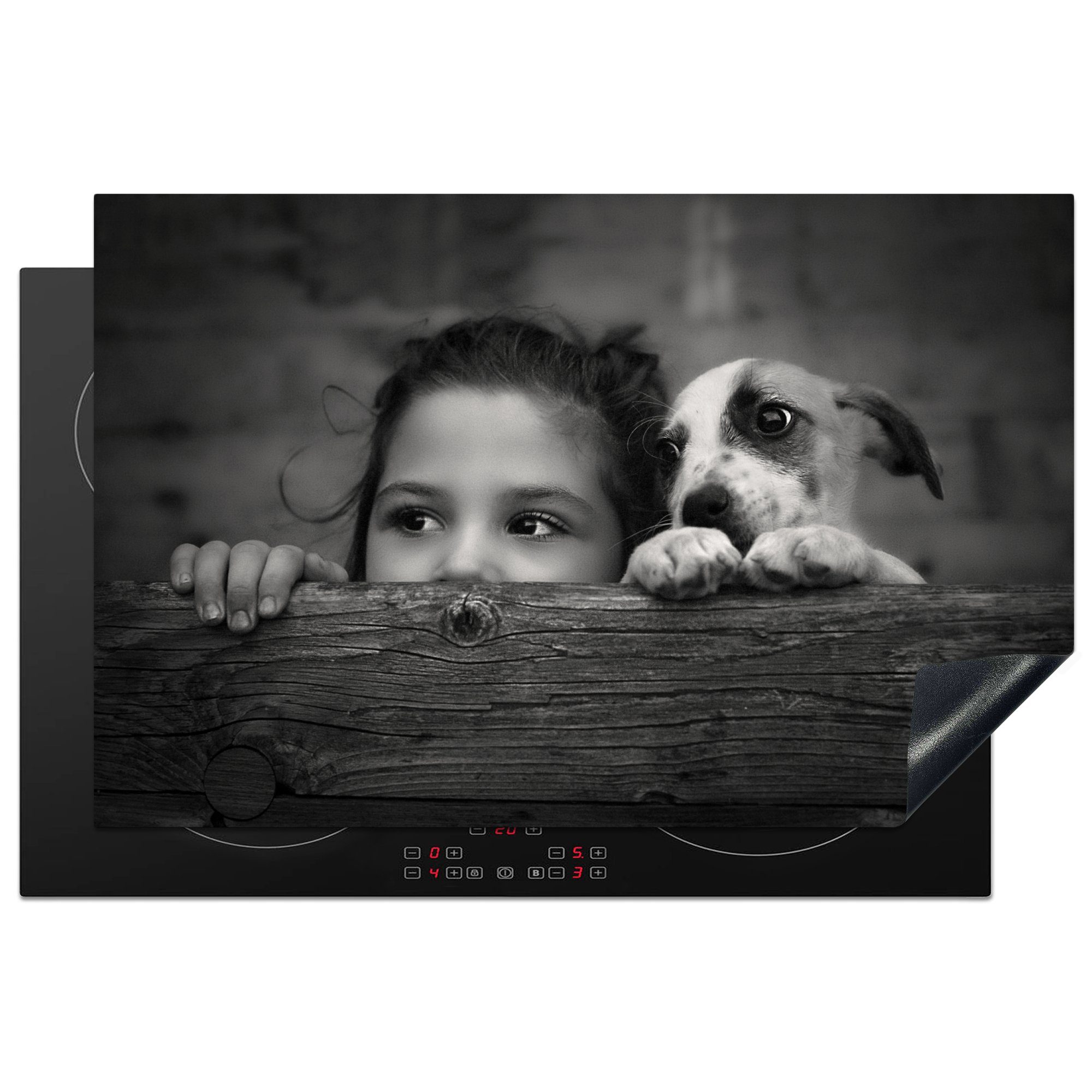 MuchoWow Herdblende-/Abdeckplatte Freundschaft zwischen einem Mädchen und einem Hund in Schwarz und Weiß, Vinyl, (1 tlg), 81x52 cm, Induktionskochfeld Schutz für die küche, Ceranfeldabdeckung