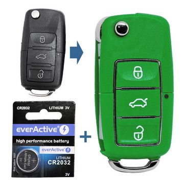 mt-key Auto Klapp Schlüssel 3 Tasten Grün + 1x Rohling HAA + passende CR2032 Knopfzelle, CR2032 (3 V), für VW Polo Beetle Passat T5 Tiguan EOS Golf Funk Fernbedienung