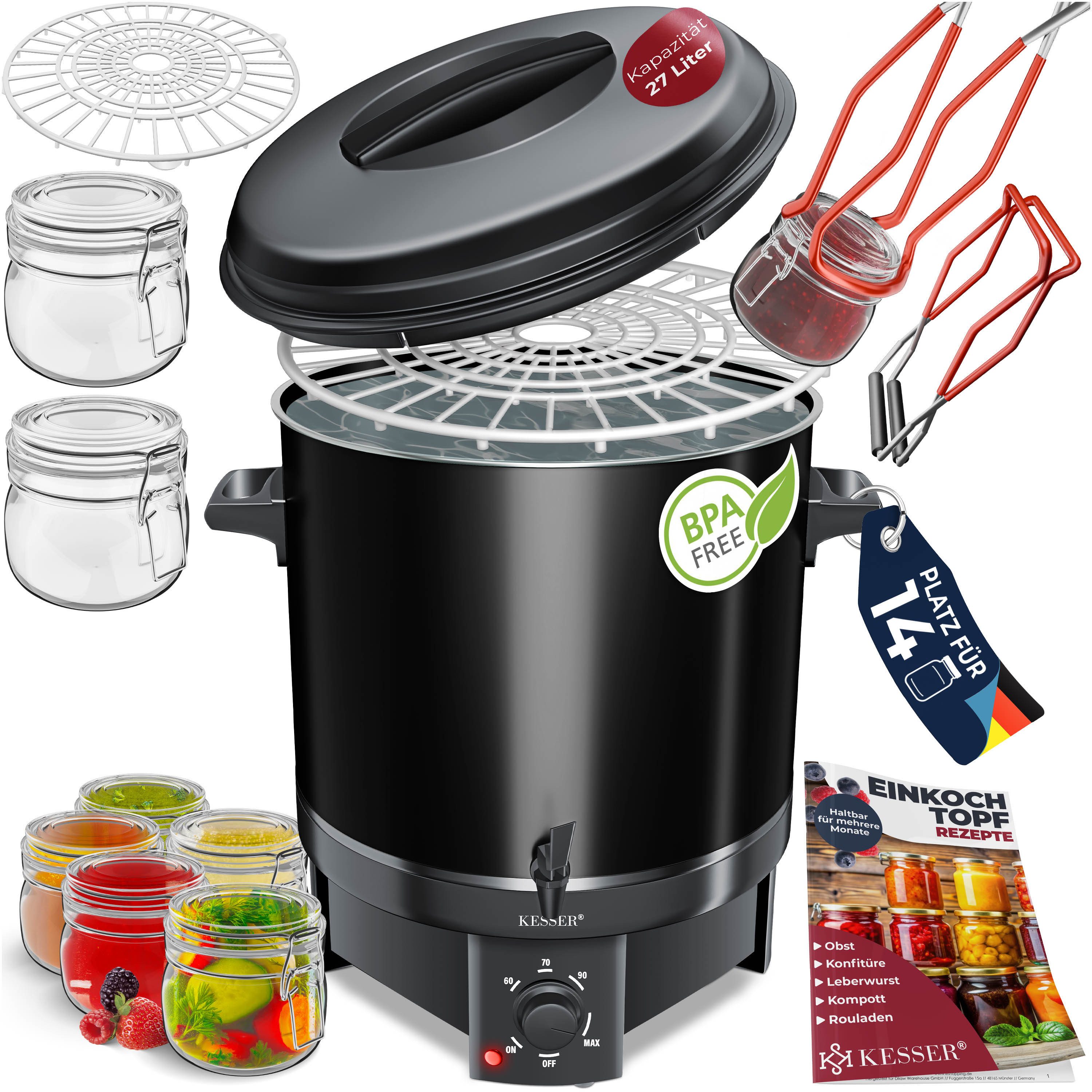 KESSER Heißgetränke- und Glühweinautomat Einkochautomat Edelstahl Heißgetränkeautomat 30-100°C, Glühweinkocher Dauerbetrieb & Abschaltautomatik inkl Zange & 2 Gläsern
