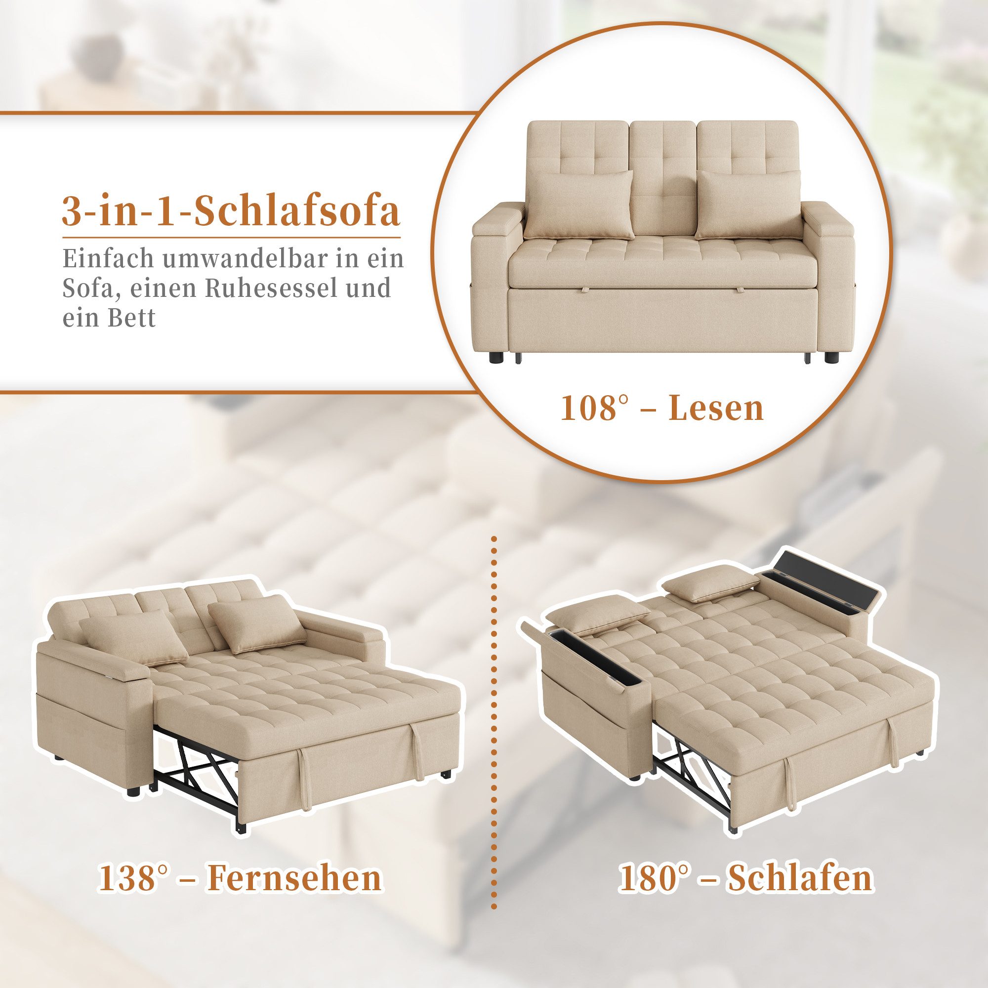 HAUSS SPOLE Schlafsofa mit bettfunktion und Stauraum Verstellbarer Wohnzimmersofa