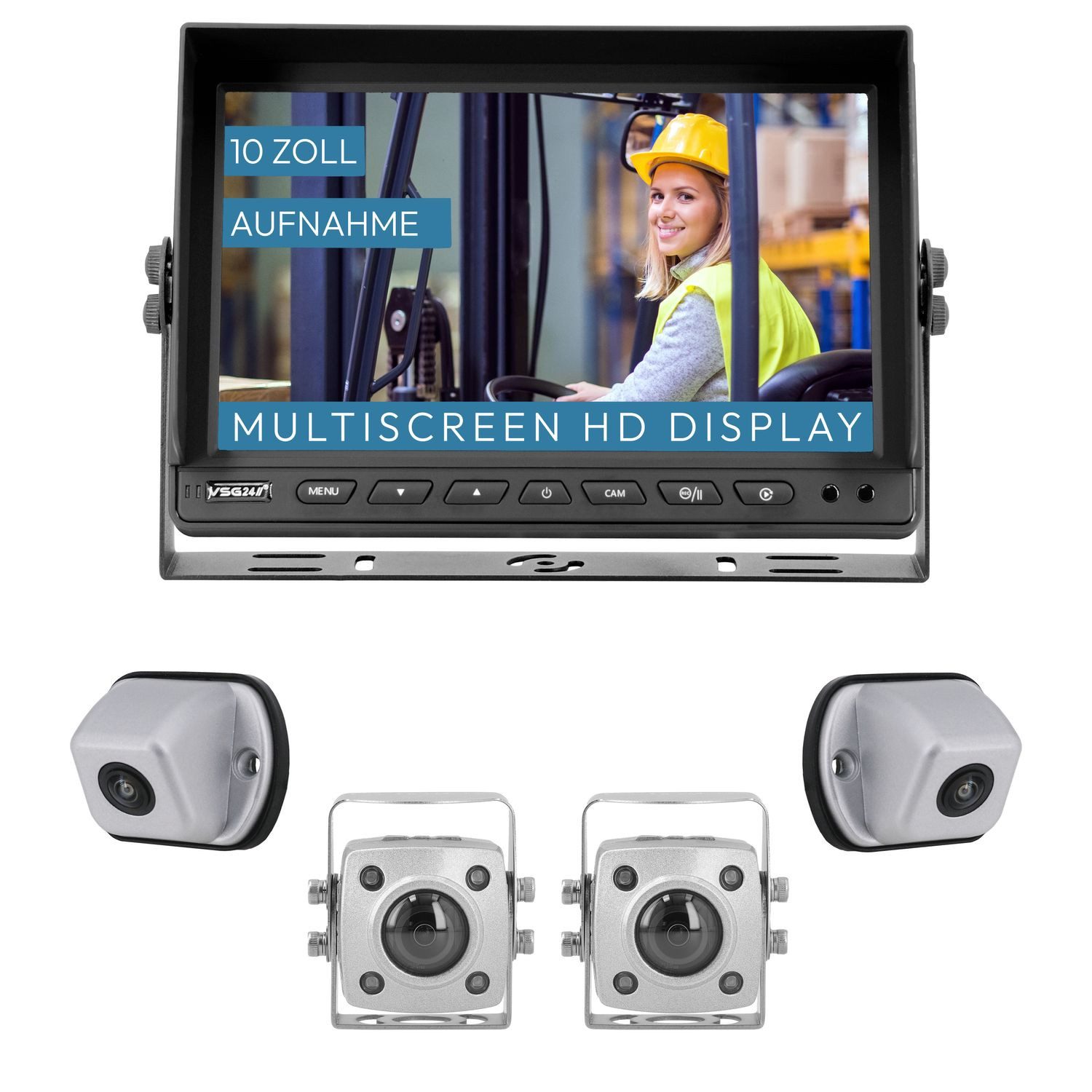VSG24 10" Rückfahrsystem IP69K EXPERT 155° &170° Blickwinkel, HD Monitor, 4x Rückfahrkamera (Robustes Schwerlast Set für LKW Transporter Landwirtschaft & Anhänger)