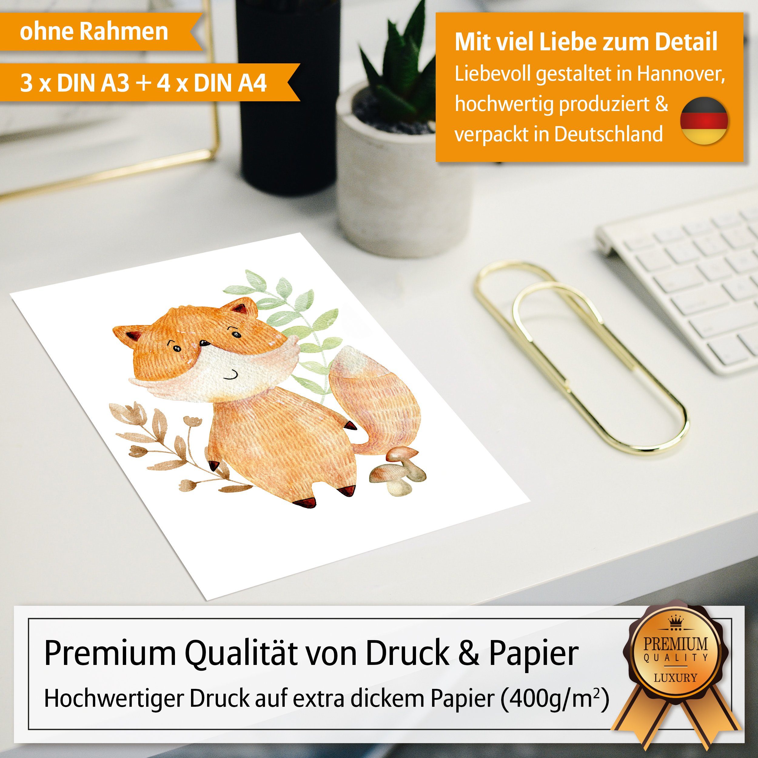 Hyggelig Home Poster Waldtiere, Premium Poster Set OHNE & MIT Rahmen, Wandbild Kinderzimmer, Tiere (Set, 7 St), Collage Zeichnung, Qualitätsdruck dickes Papier