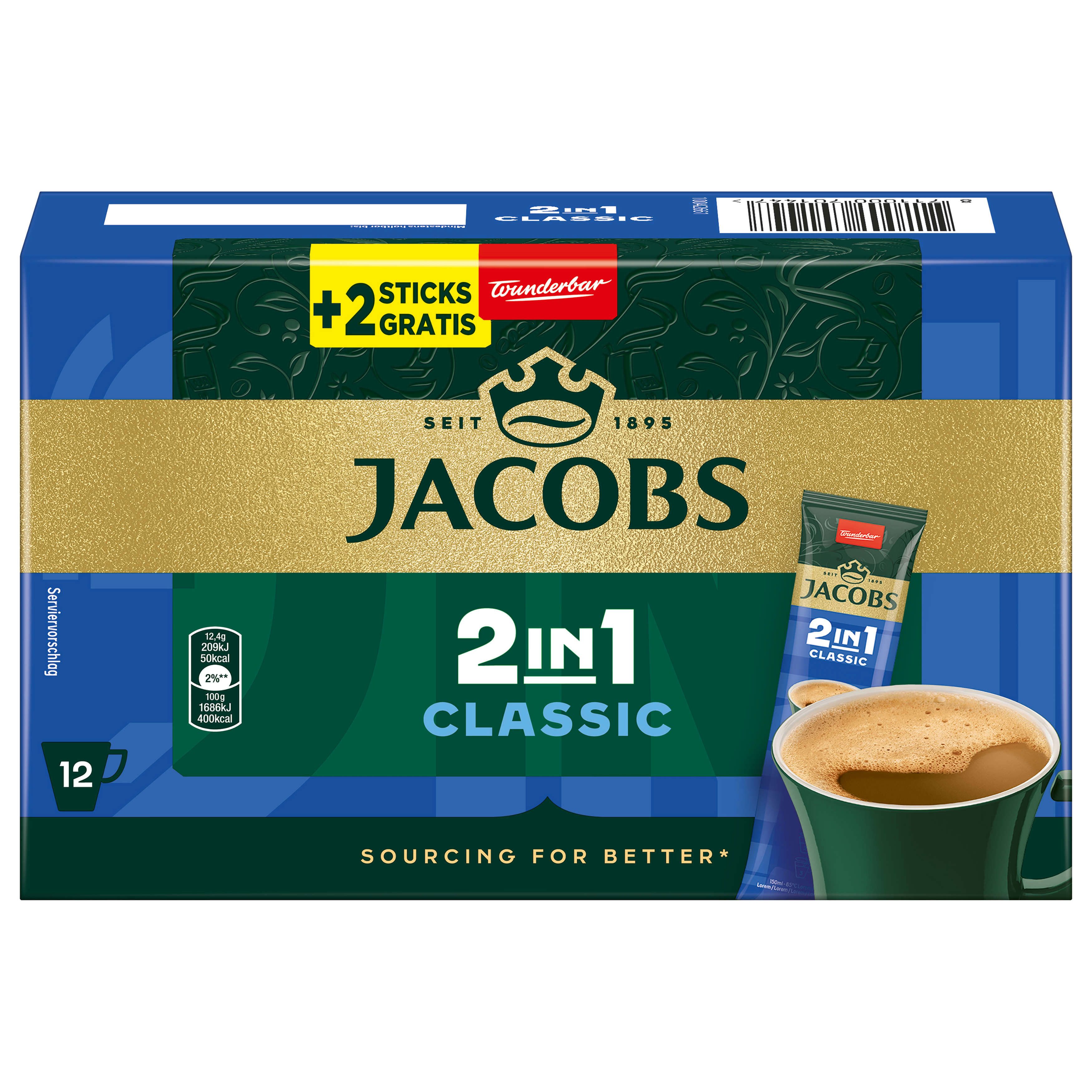 JACOBS Kaffee Löskaffee 2in1 Classic löslicher Kaffee Instantkaffee 12 x 10+2 Sticks, 1786 g, (Packung, 12er Pack)