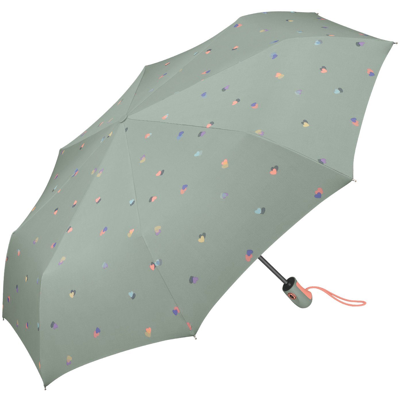 Esprit Taschenregenschirm schöner Schirm mit Auf-Zu - leicht Damen grau stabil, Automatik, Herzen-Motiv für mit