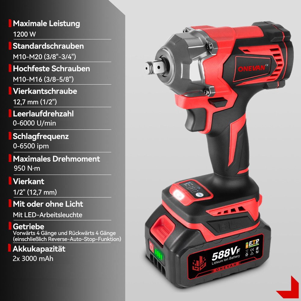 ONEVAN Akku-Schlagschrauber 950Nm Bürstenloser 1/2” Elektrischer Schlagschrauber, 6700,00 U/min, mit 2x Akku Für Schraube und Mutter Auto