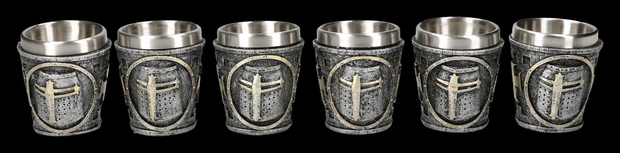 Figuren Shop GmbH Becher Ritterhelm Schnapsbecher 6er Set Mittelalter Trinkbecher 80 ml Deko, Kunststein (Polyresin), Edelstahl