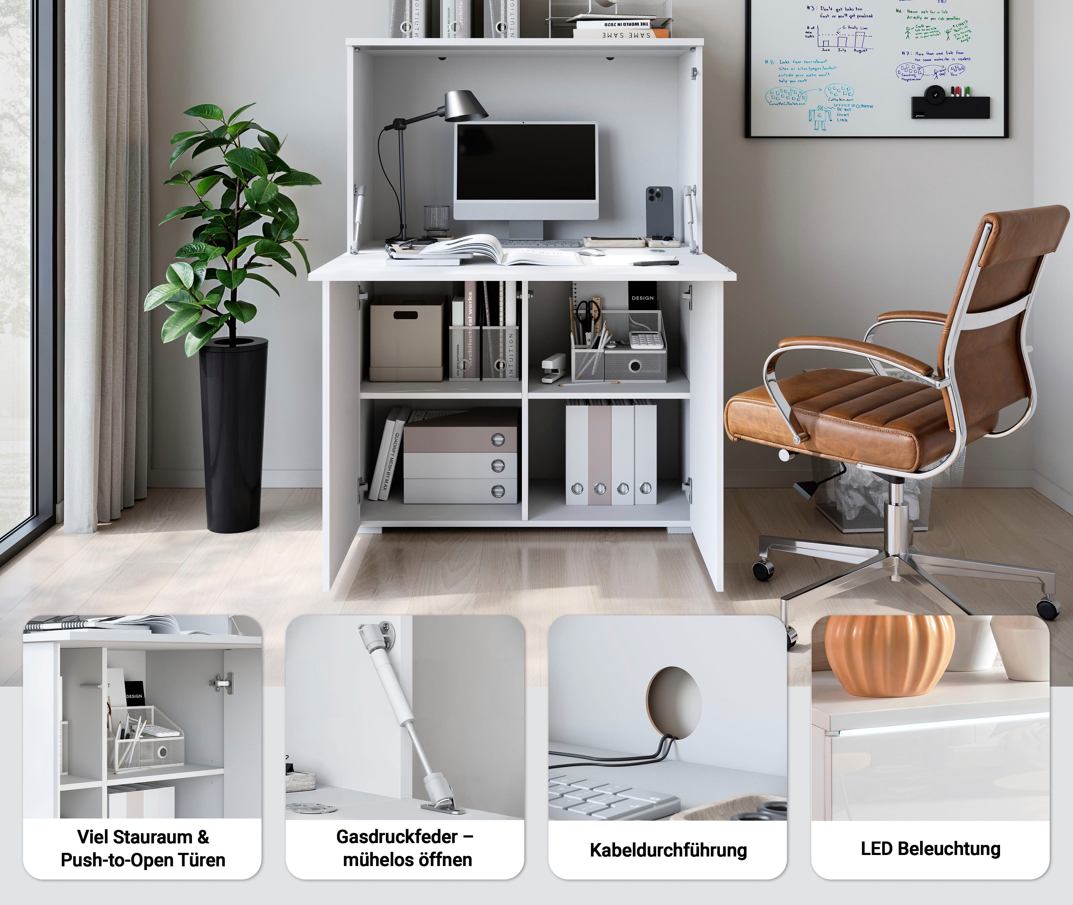 Home affaire PC-Schrank Vera, Sekretär, Home-Office-Schreibtisch mit LED-Beleuchtung (1 St), Multifunktional mit Stauraum, klappbare Tischfläche, LED, B 90 cm