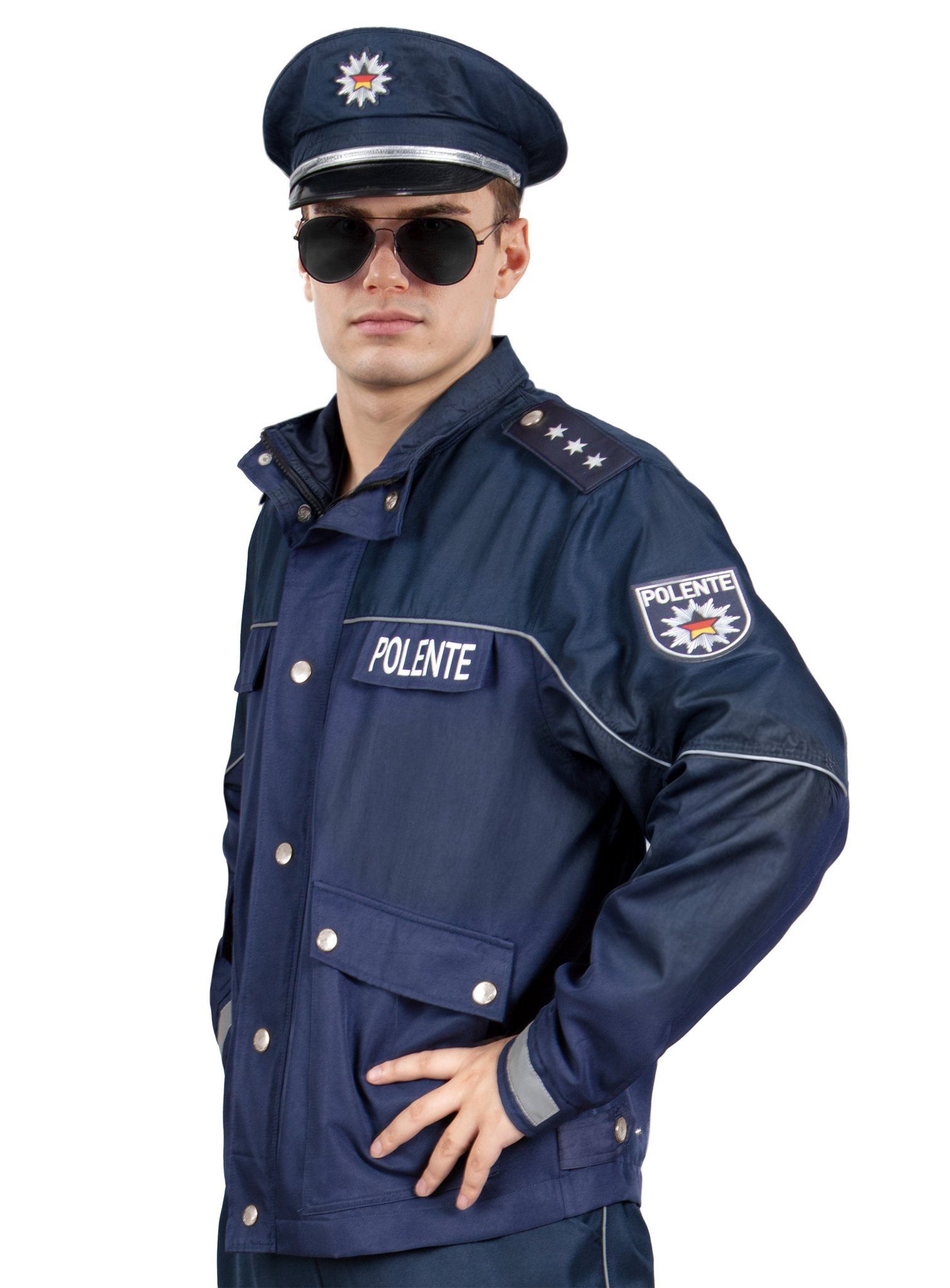 Maskworld Polizei-Kostüm Polizei Kostüm - Karneval Faschingskostüm Herren, Blaue Polizisten Uniform mit Aufdruck 'Polente'