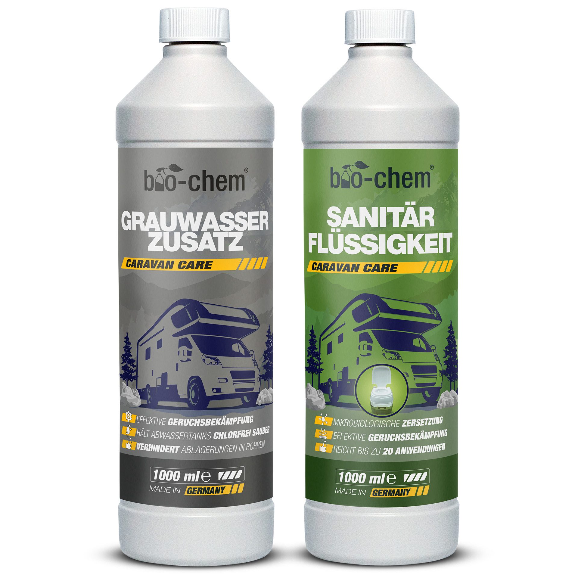 bio-chem bio-chem 2-teiliges Camping-Set: Sanitär- & Grauwasserzusatz Campingtoilettenreiniger (2-St. 1x Grauwasser-Zusatz 1 L, 1x Sanitärflüssigkeit 1 L, 1x Dosierbecher)