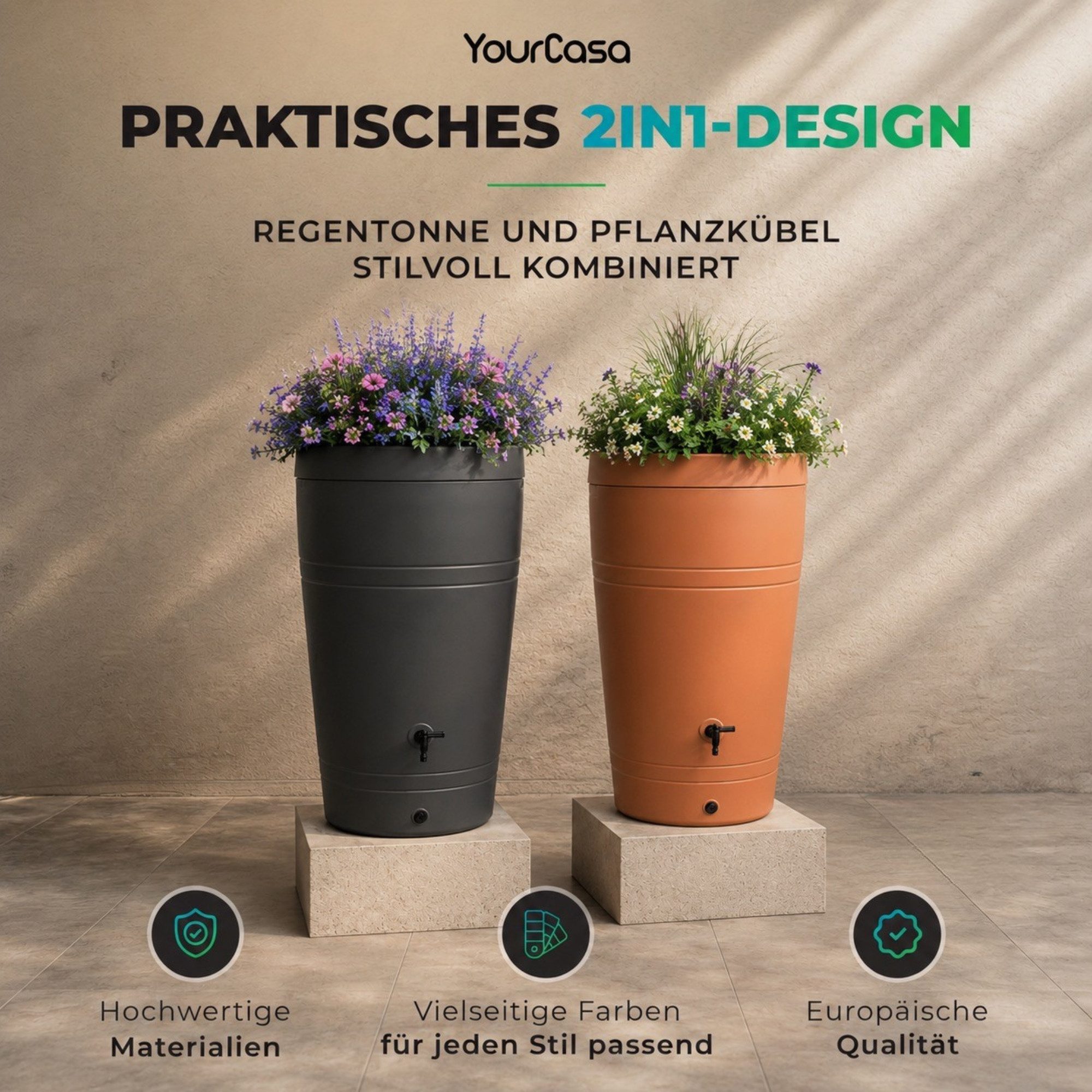 YourCasa Regentonne 230 Liter [Decore ] mit Pflanzeinsatz - Regenfass aus Kunststoff, bepflanzbarer Deckel, mit Wasserhahn,240L