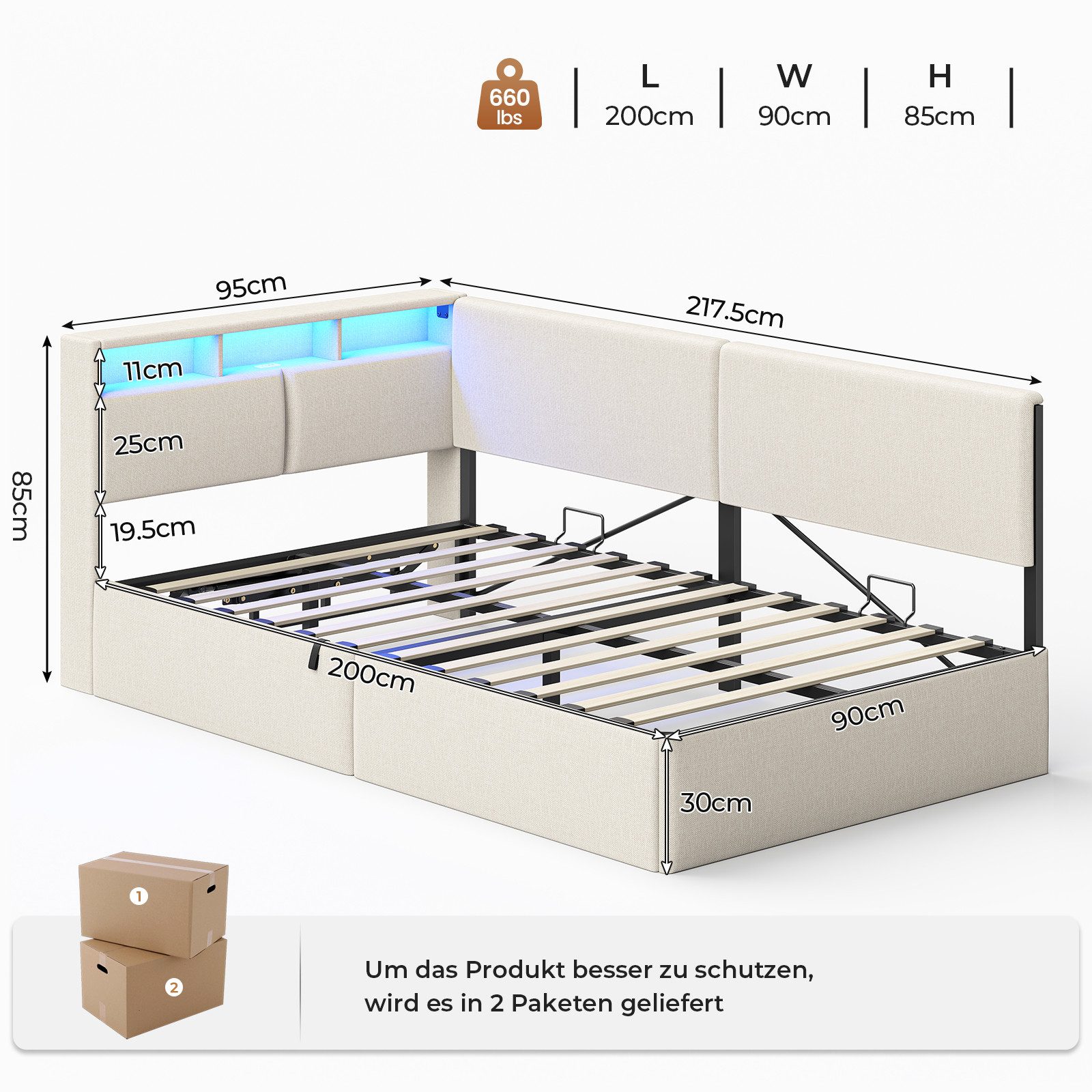 MSMASK Polsterbett mit USB-Steckdosen & LED-Kopfteil, Eckmontage möglich, Jugendbett (Ohne Matratze), Schlafsofa 90x200 cm mit Hydraulischem Stauraum
