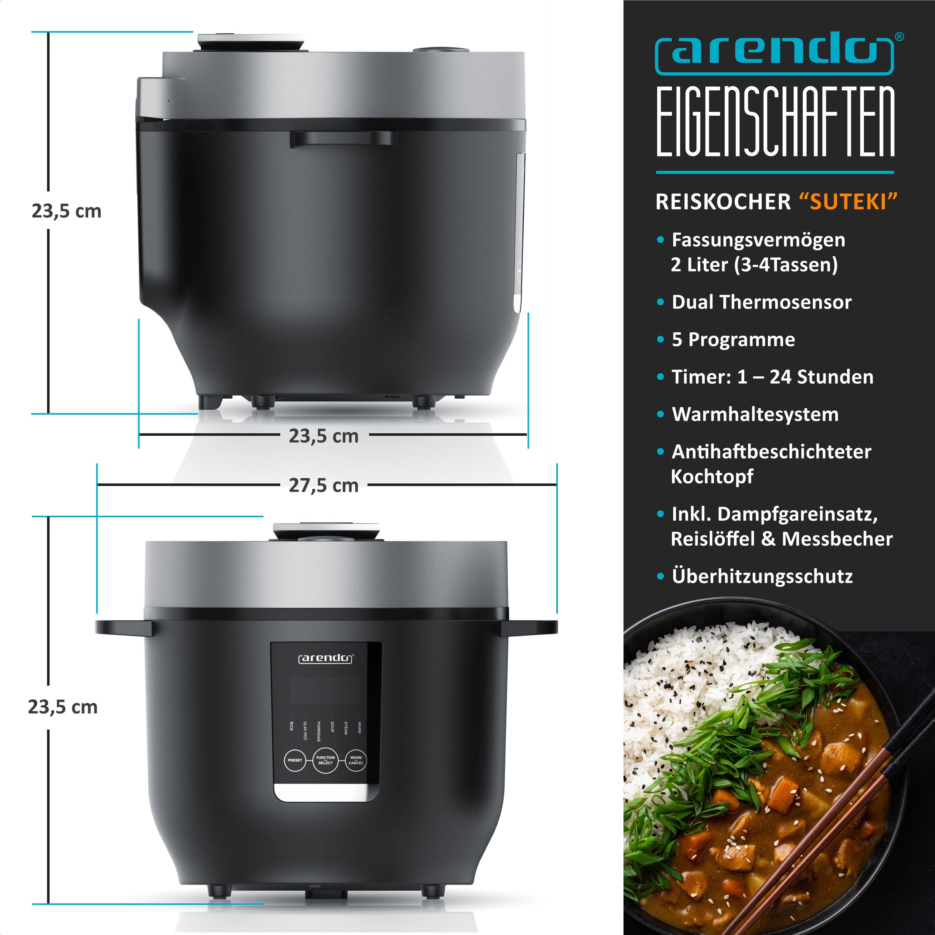 Arendo Reiskocher Digitaler Dampfgarer, Kochprogramme, Timer, Warmhaltefunktion, Display, 350 W, antihaftbeschichteter Gartopf, Reislöffel & Messbecher, Schongarer