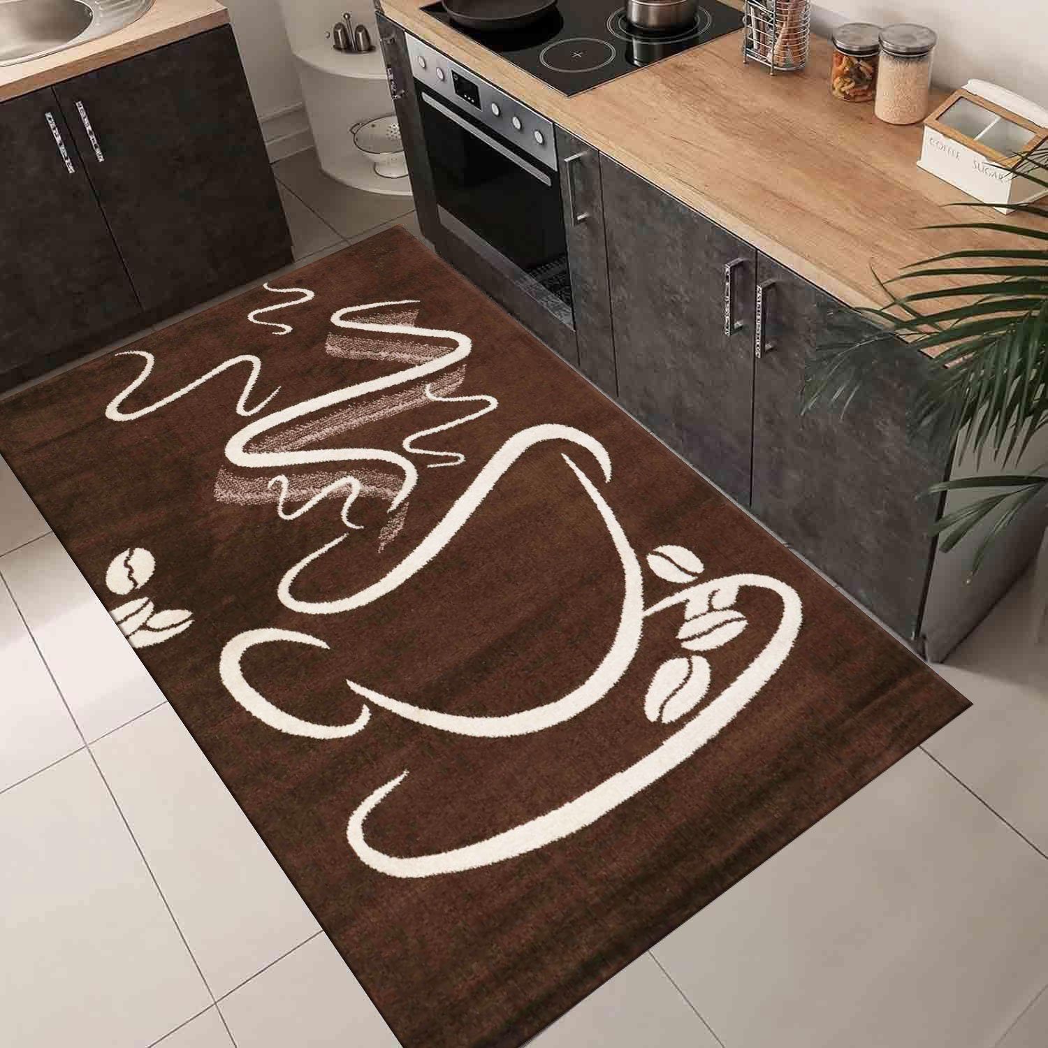 Vimoda Teppich Küchenteppich, Trendiger Kaffee Teppich in Schwarz, Grau & Braun, Rechteckig, Höhe: 5 mm, Küchenteppiche, Cappuccino, Kaffee, Tasse, Esszimmer, Küche