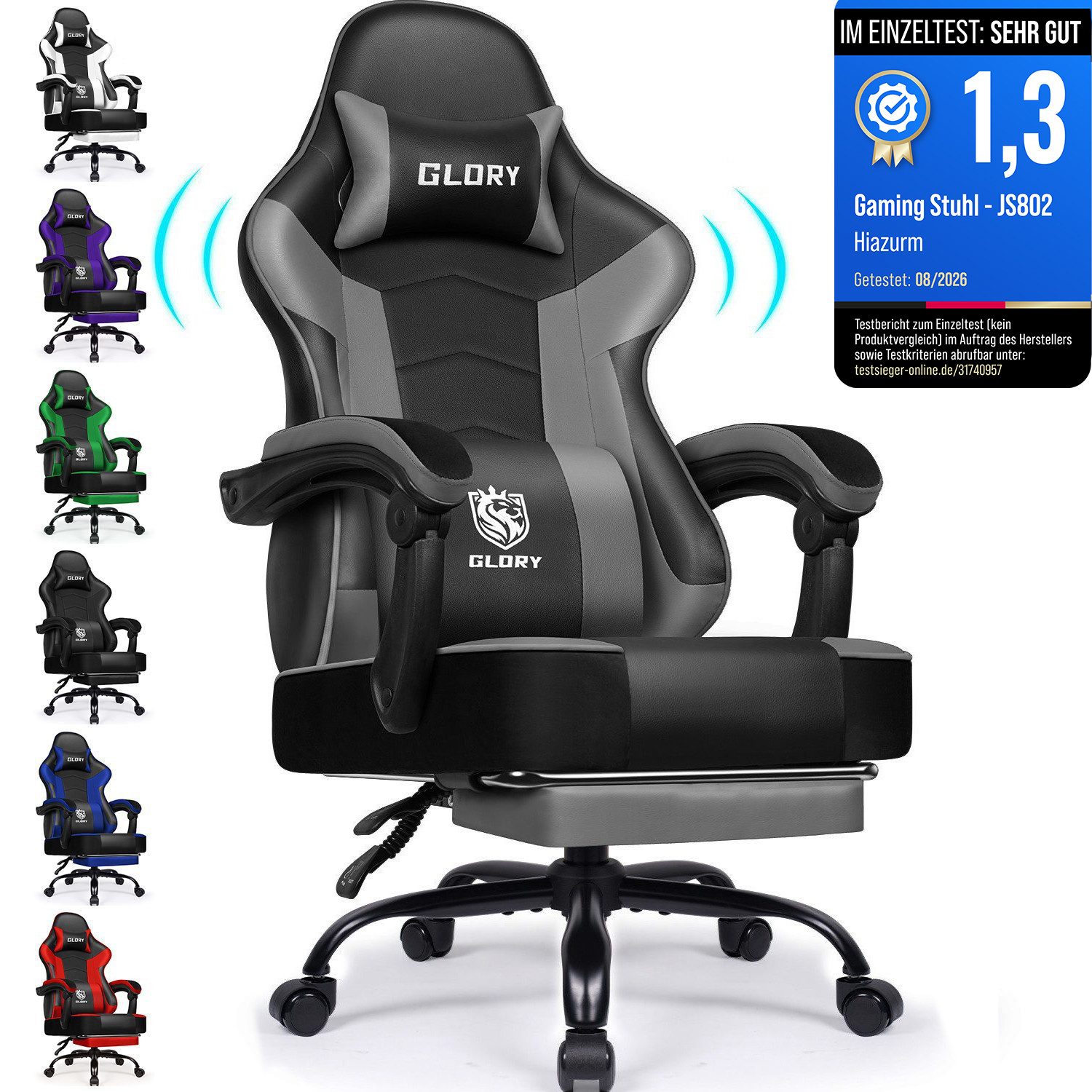 Hiazurm Gaming-Stuhl Gaming Stuhl, Bürostuhl Ergonomisch Wippfunktion bis zu 170° (Gaming Chair mit Fußstütze, 10 cm Höhenverstellung), Verstellbarem Lenden- & Kopfkissen, Gamer Stuhl 150kg Belastbarkeit