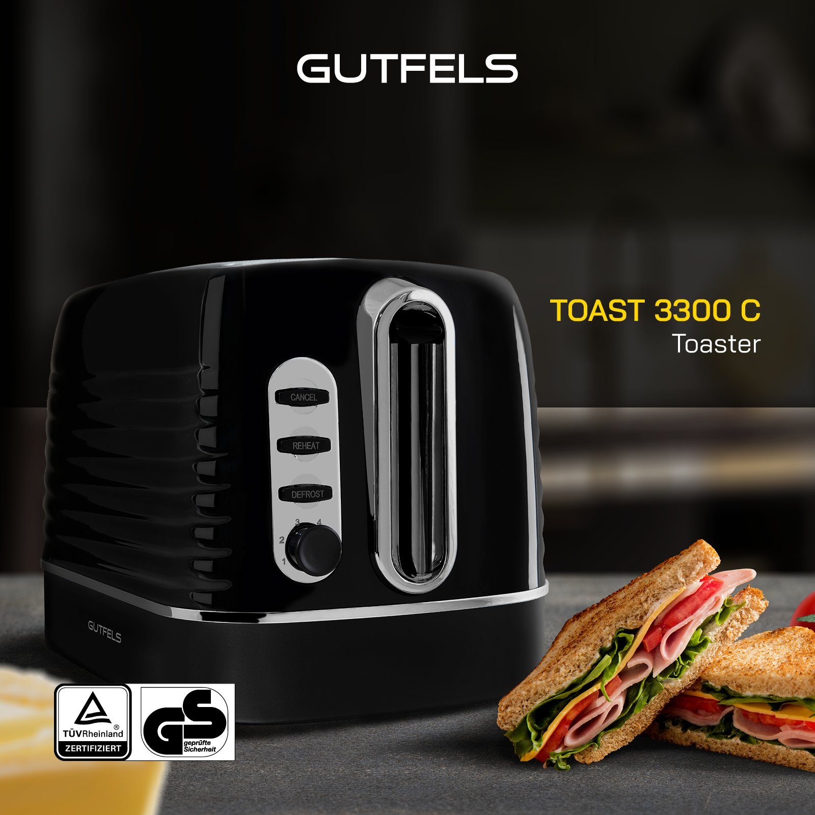 Gutfels Toaster TOAST C, W, Integrierter und 1050 kurze Brötchenaufsatz 3300 2 Toast-Zentrierung Schlitze