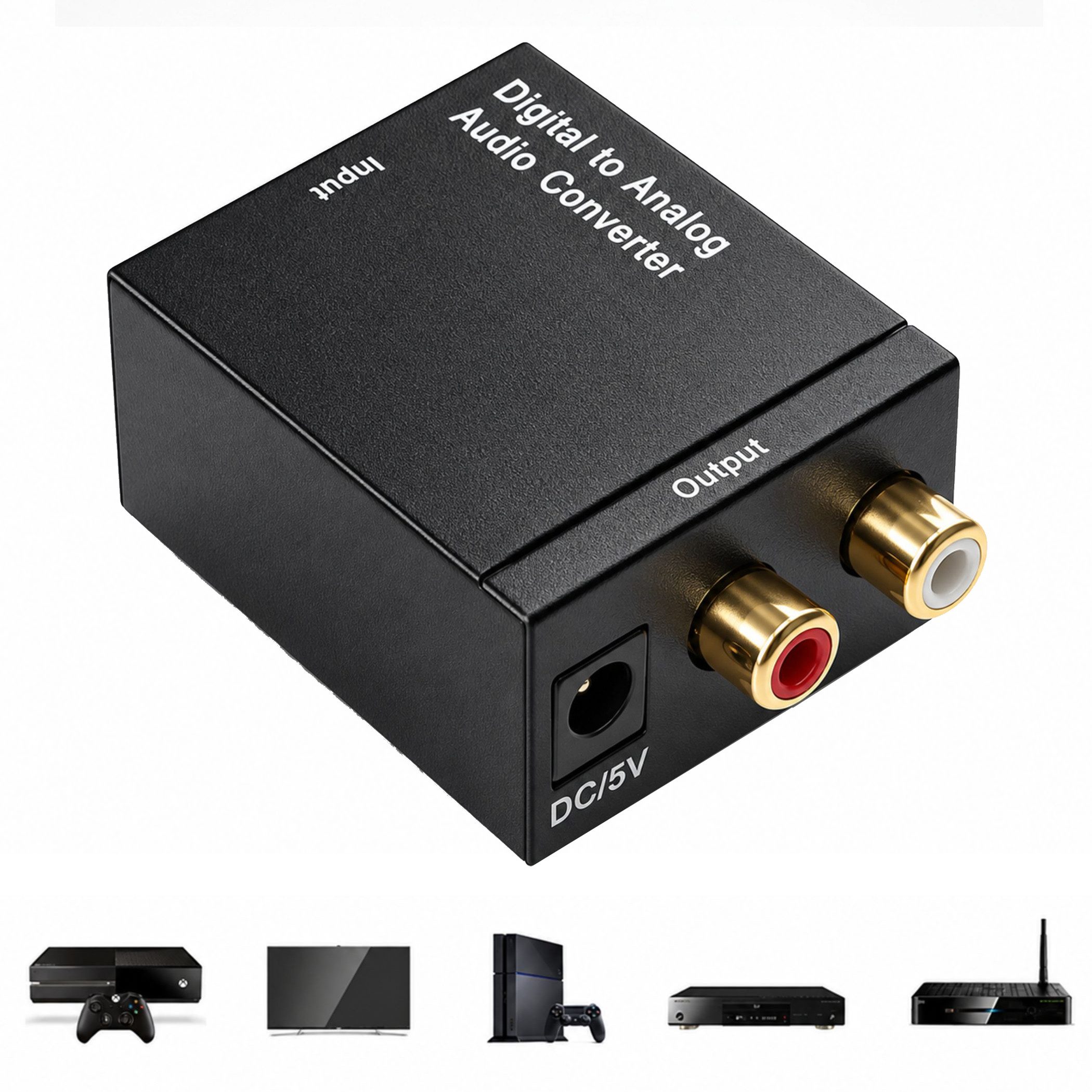 Bolwins D02C Digital-Analog Audio Konverter Toslink/Koax zu RCA Wandler Audio-Adapter Digital Koaxial (SPDIF, RCA), Digital Optisch (Toslink) zu 2x RCA (L/R) Stereo Ausgang, 0 cm, Rauschfreie Signalwandlung, stabile Toslink Buchse, LED Status