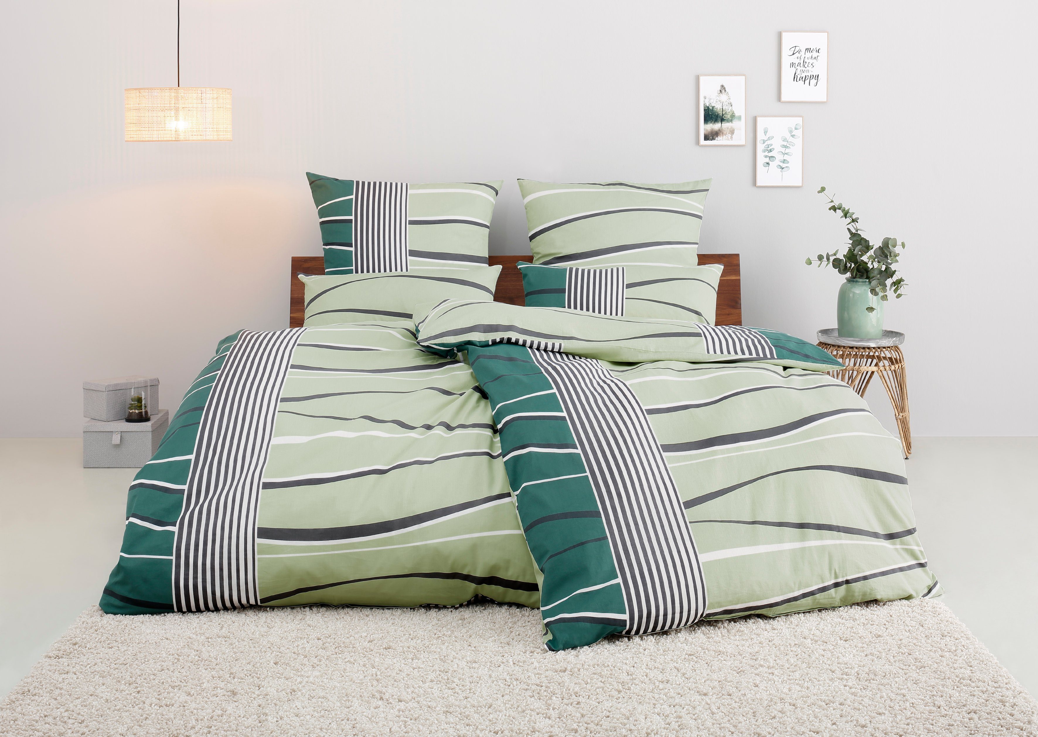 oder Gr. Linon, my Baumwolle, aus Bettwäsche teilig, 2 mit 135x200 Bettwäsche Bettwäsche cm, 155x220 Wellen-Design Renu in grafische home, grün