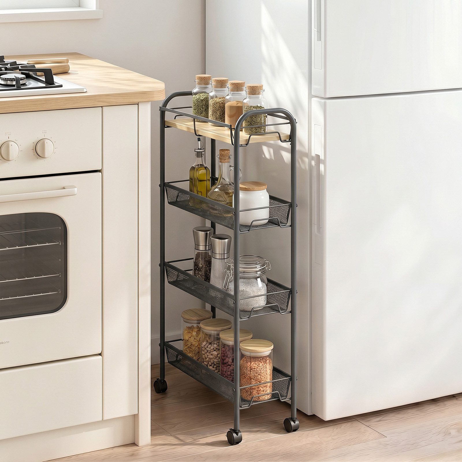 Sekey Beistellwagen Küchenwagen schmal Nischenregal mit Rollen 20cm breit Rollwagen schmal, Regalwagen mit Rollen, 43,8x19x83cm Aufbewahrungswagen