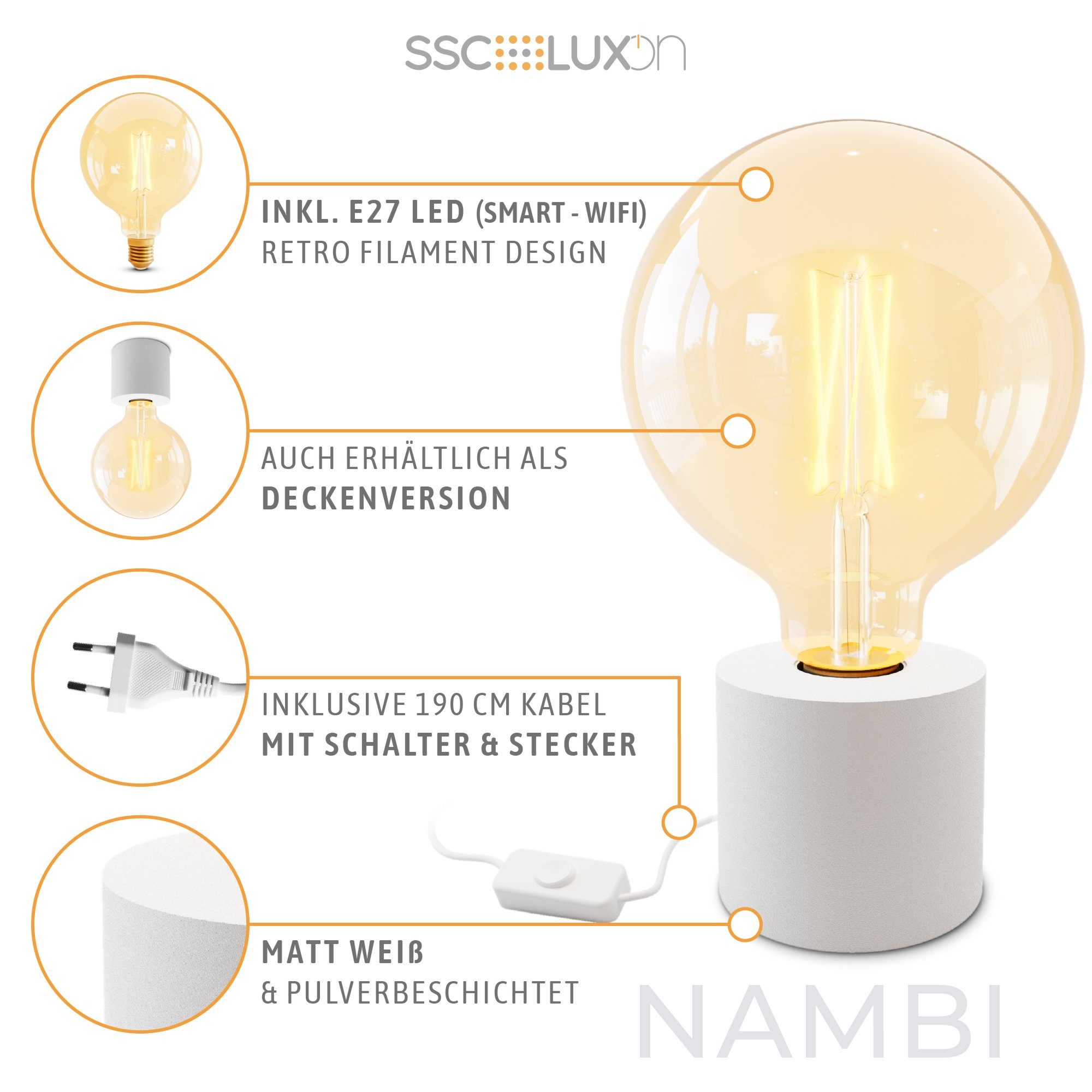 SSC-LUXon LED Kabel Wand- Globe Tischlampe EYLA weiss Bilderleuchte E27, bis mit Tageslicht Warmweiß & Stecker mit & NAMBI