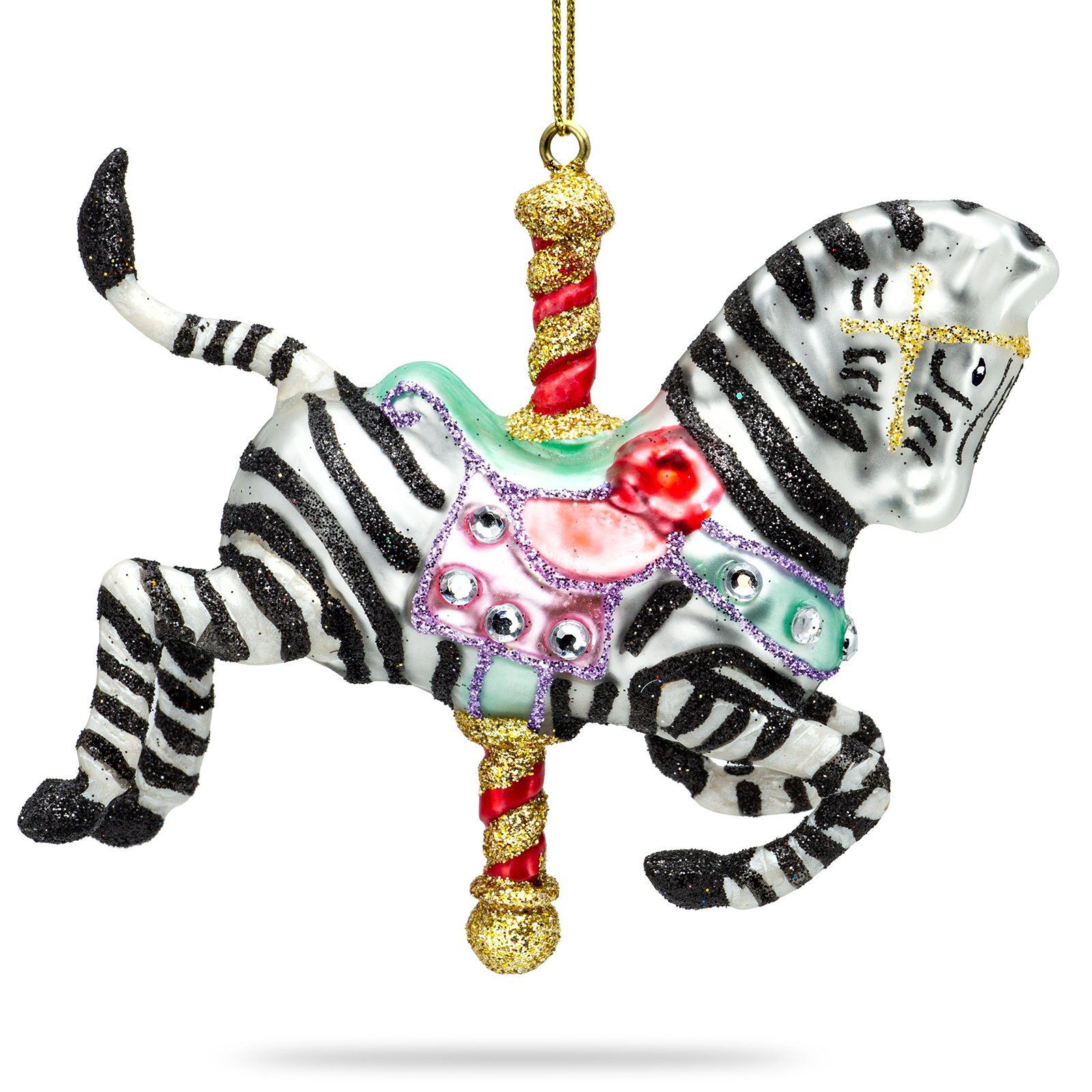 SIKORA Christbaumschmuck Karussell Zebra besondere Weihnachtskugel Glas Anhänger – BS457, Christbaumschmuck Deko - traditionell, witzig & außergewöhnlich