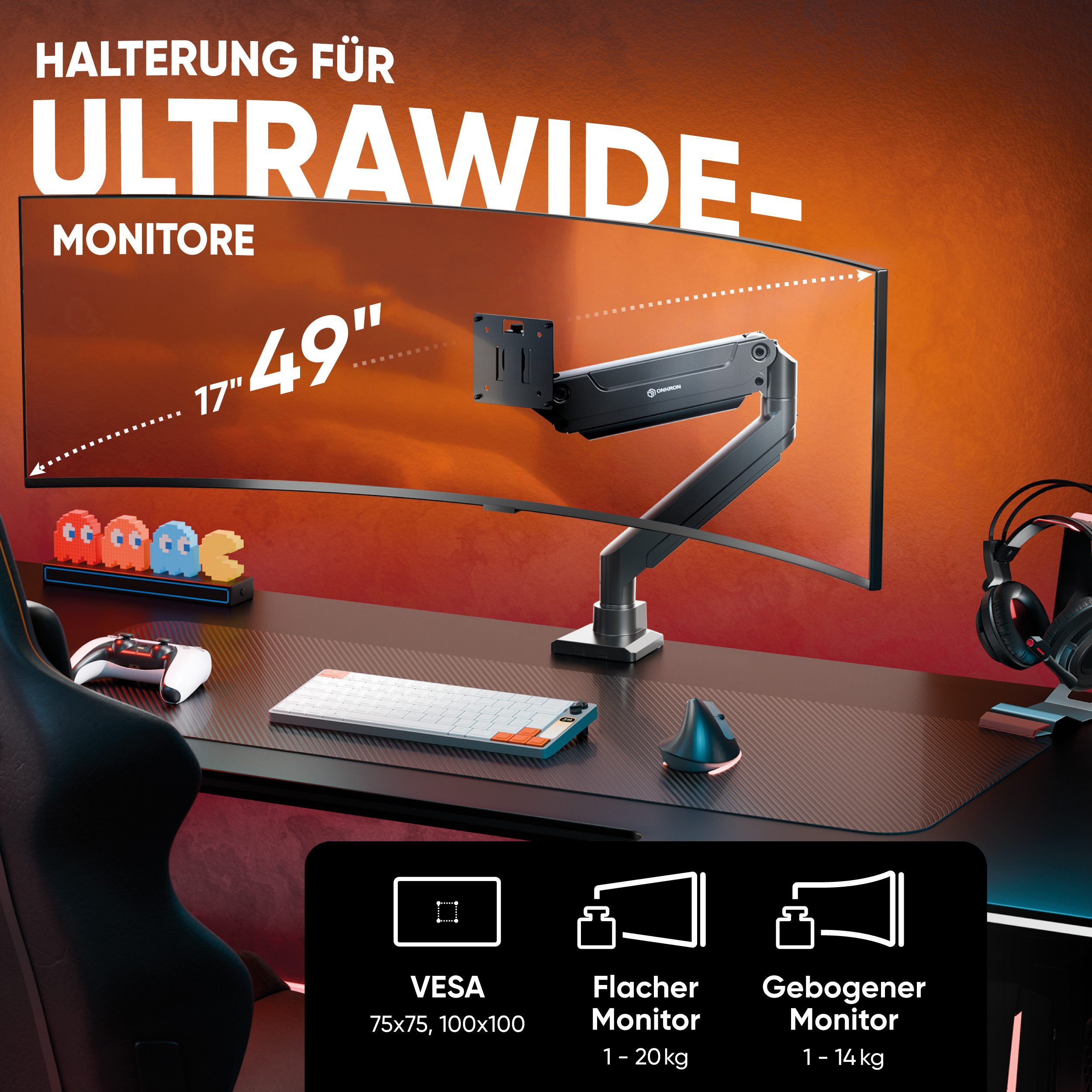 ONKRON Monitor-Halterung 17-49 Zoll, bis 20 kg, VESA 75x75-100x100, G100-B, (bis 49 Zoll, neigbar, schwenkbar, drehbar, Gasdruckfeder, Kabelmanagement)