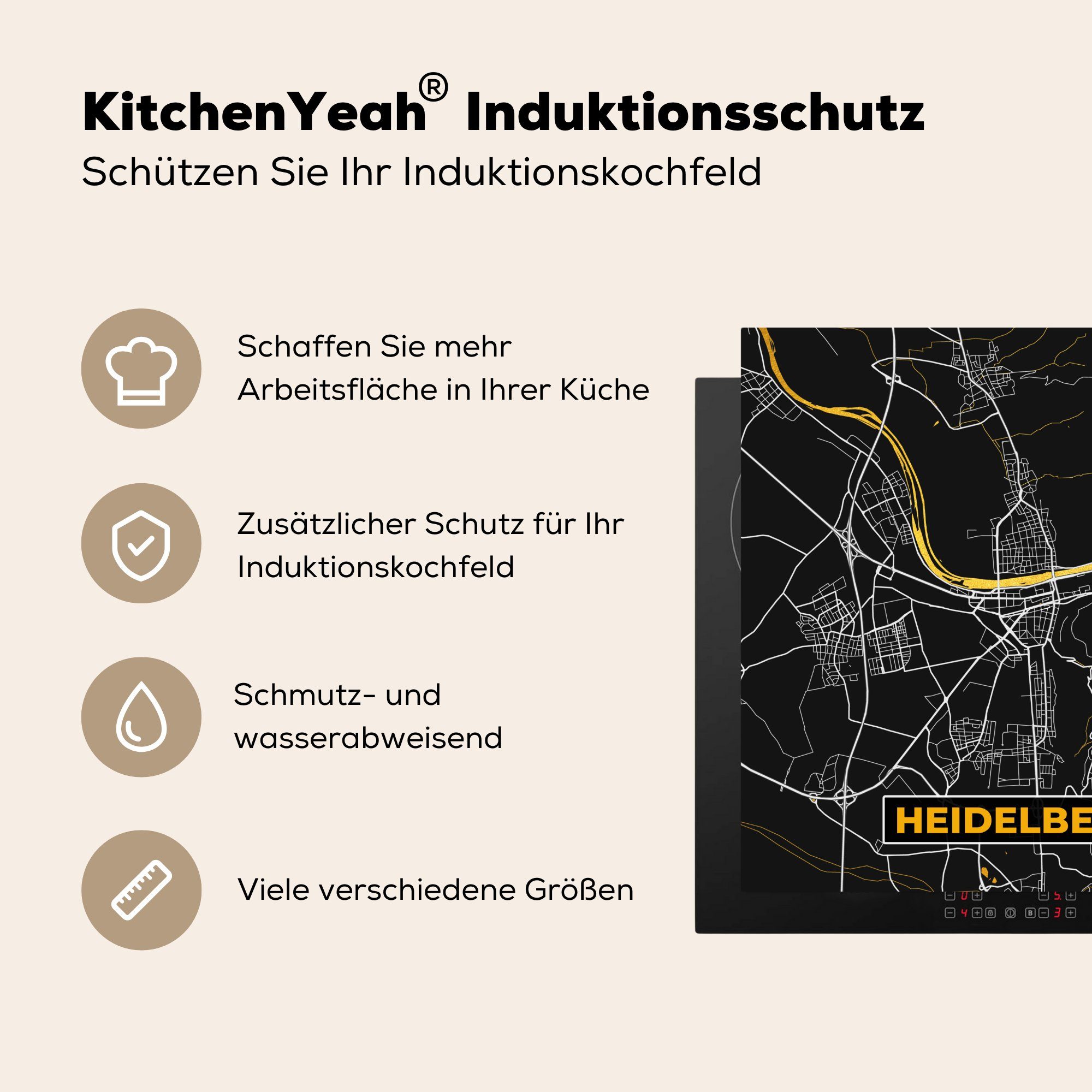 Heidelberg Arbeitsplatte - Deutschland Karte, küche Gold tlg), - - cm, Vinyl, Herdblende-/Abdeckplatte für Ceranfeldabdeckung, (1 - MuchoWow Stadtplan 78x78