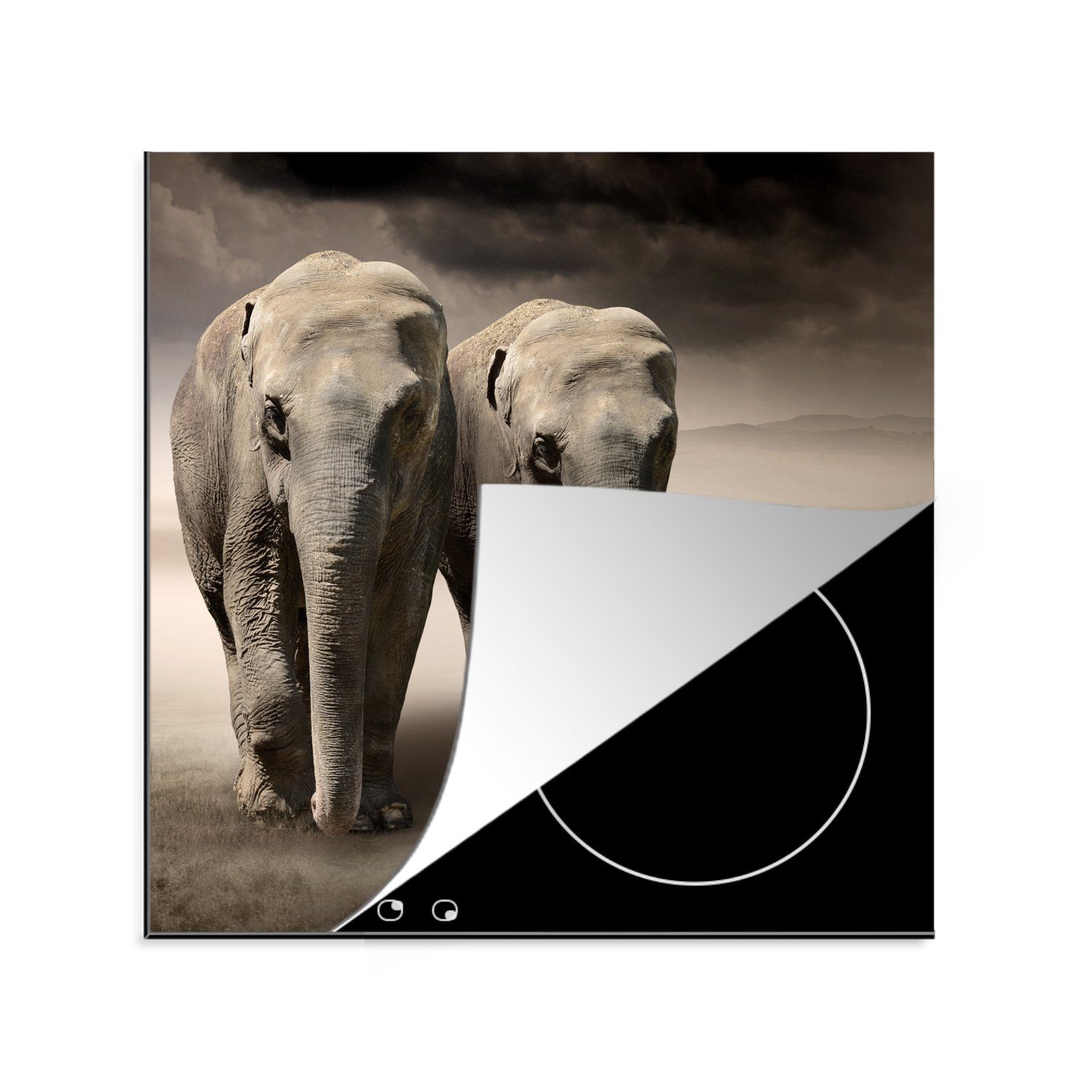MuchoWow Herdblende-/Abdeckplatte Elefant - Ehepaar - Berg, Vinyl, (1 tlg), 78x78 cm, Ceranfeldabdeckung, Arbeitsplatte für küche