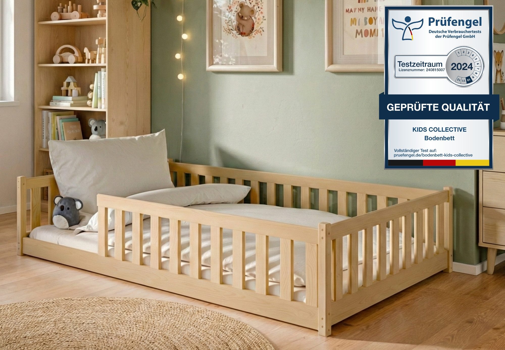 Kids Collective Kinderbett Bodenbett Bett mit Rausfallschutz & Lattenrost Montessori Bett Kinder (Jungen, Mädchen, Kinder, weitere Größen 80x160, 80x180, 90x190, 90x200, 140x200 cm), Jugendbett Gitterbett Einzelbett, Natur Kiefer 120x200 cm