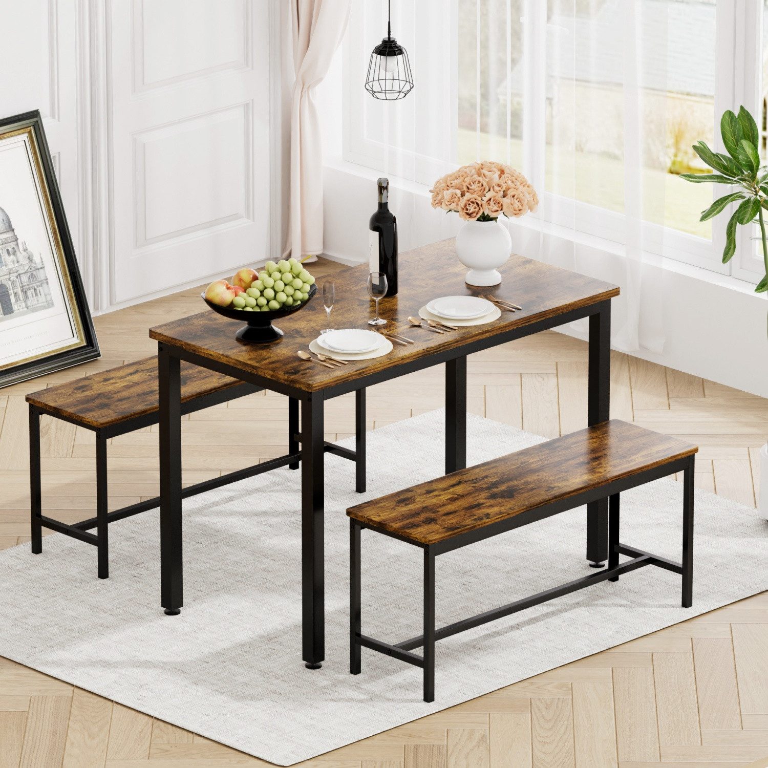 ANYSUN Essgruppe Esstisch-Set mit 2 Essbänken,3-teilig,Metallbeine, (Küchentisch mit Stühlen, industrieller Frühstückstisch), für Küche, Wohnzimmer, Partyraum, Küchentisch 110*60*75cm