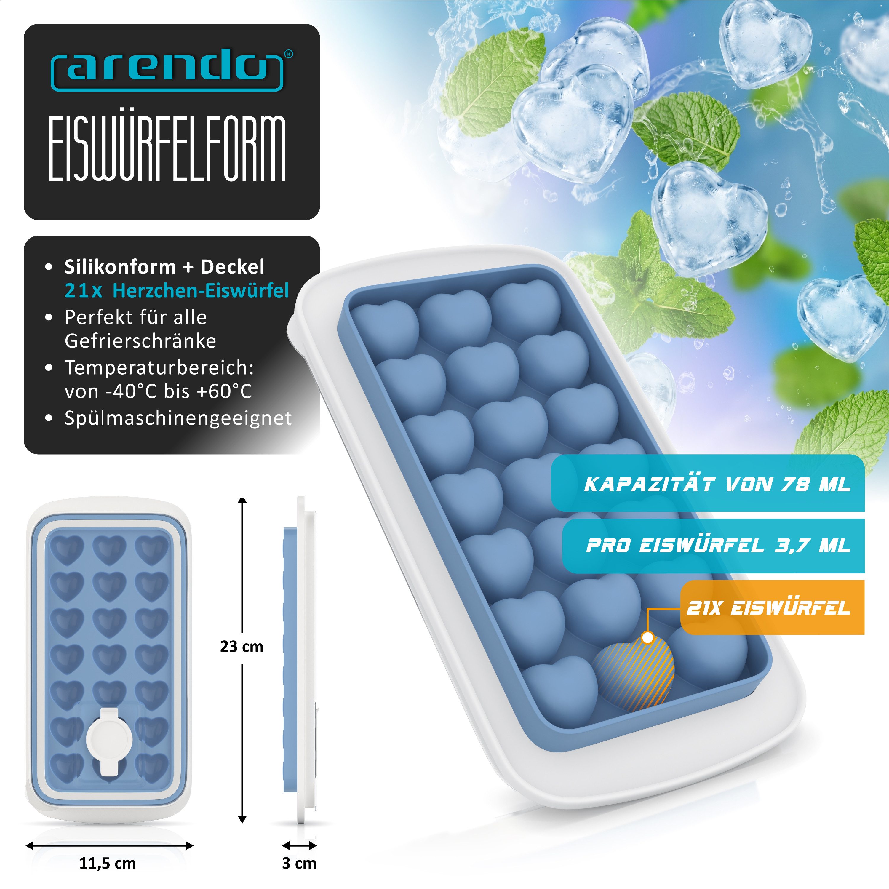 Arendo Eiswürfelform Silikon 78ml, 21 Eiswürfel, spülmaschinengeeignet, stapelbar, (1-tlg), Herzform, Deckel mit Einfüllöffnung, leichtes Herauslösen, BPA-frei