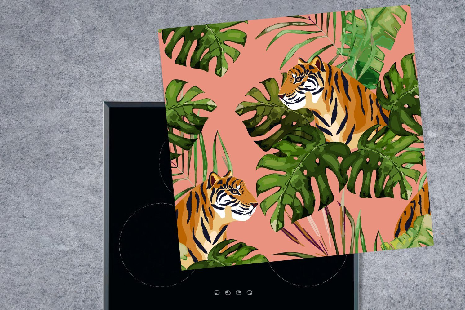 Botanisch, Monstera Ceranfeldabdeckung, küche - MuchoWow Arbeitsplatte (1 - Tiger cm, für tlg), Vinyl, 78x78 Herdblende-/Abdeckplatte