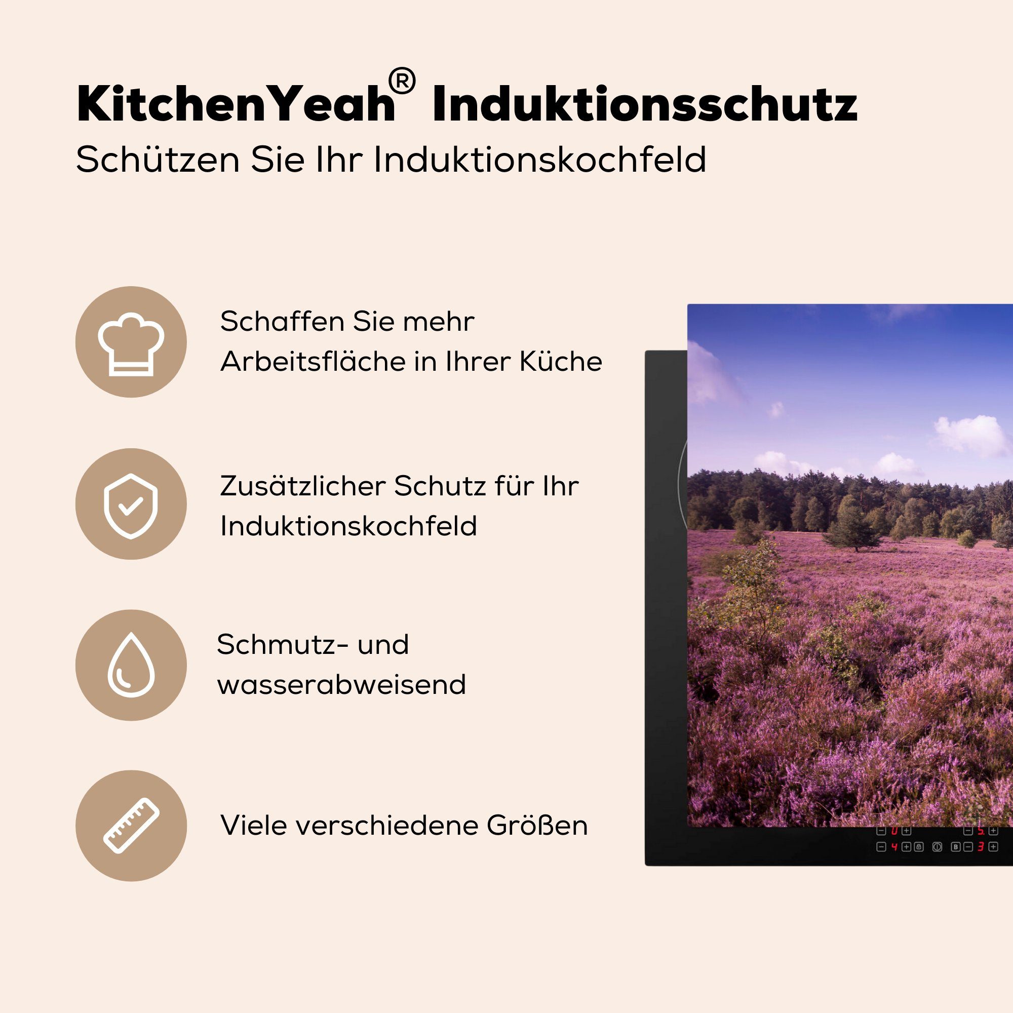 tlg), in Deutschland, Vinyl, küche, cm, Lüneburger Darstellung Heide, Herdblende-/Abdeckplatte Blumen Schutz Induktionskochfeld 81x52 der MuchoWow der violetten für die (1 Ceranfeldabdeckung