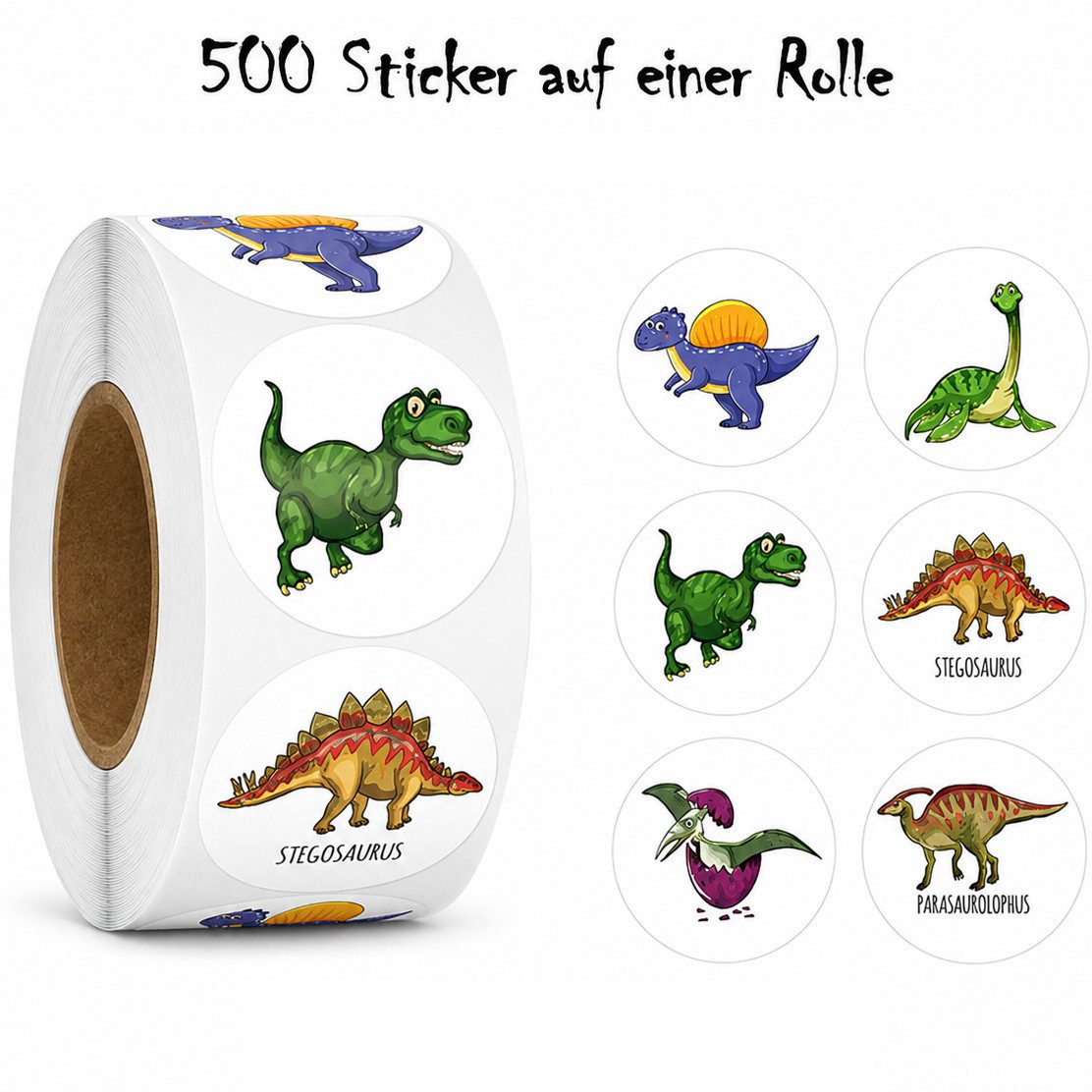 Ware aus aller Welt Sticker 500 Dino Sticker Ø 2,5 cm – Kinder Aufkleber auf Rolle selbstklebend, (500-tlg)